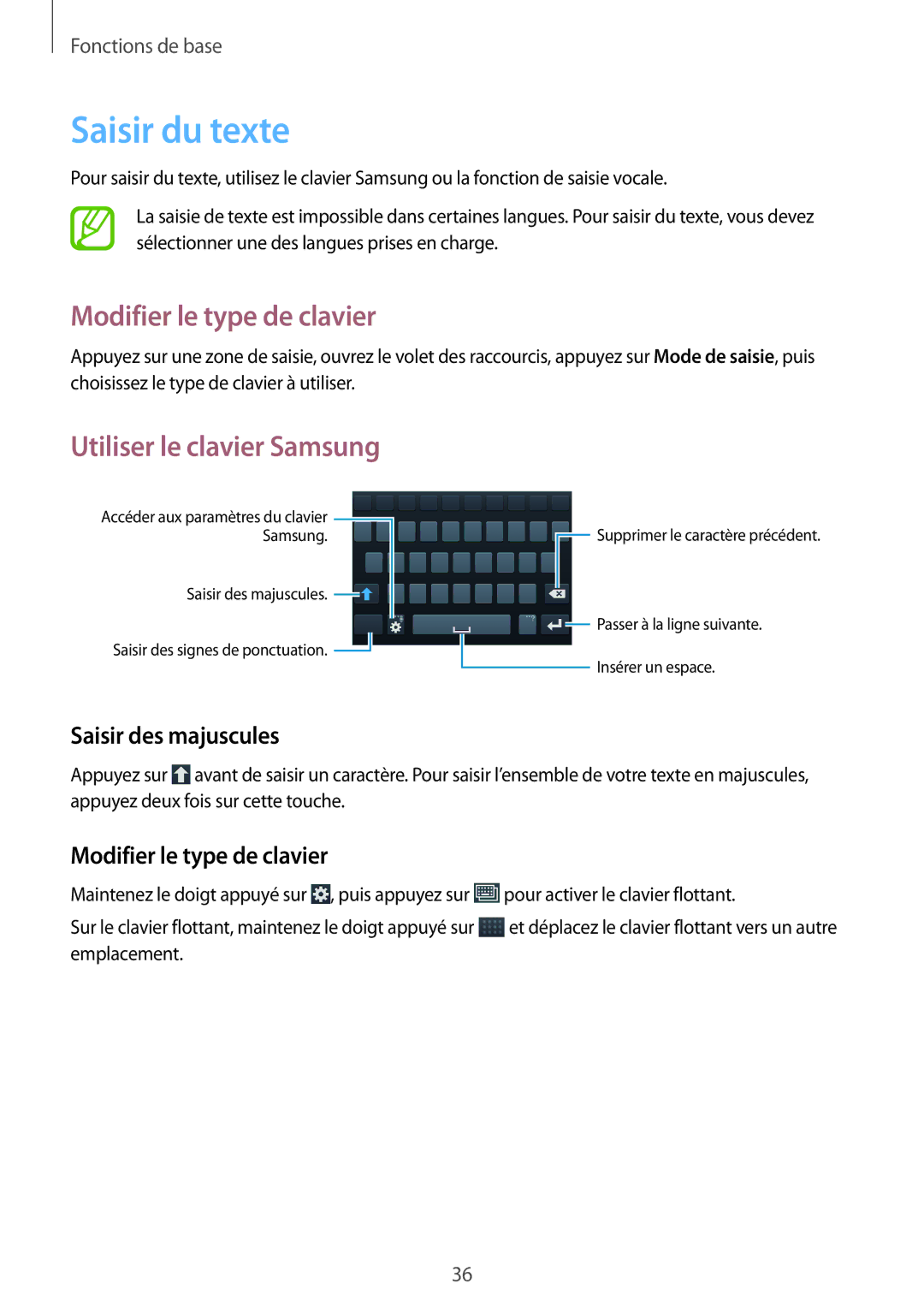 Samsung SM-G7105ZKAXEF Saisir du texte, Modifier le type de clavier, Utiliser le clavier Samsung, Saisir des majuscules 