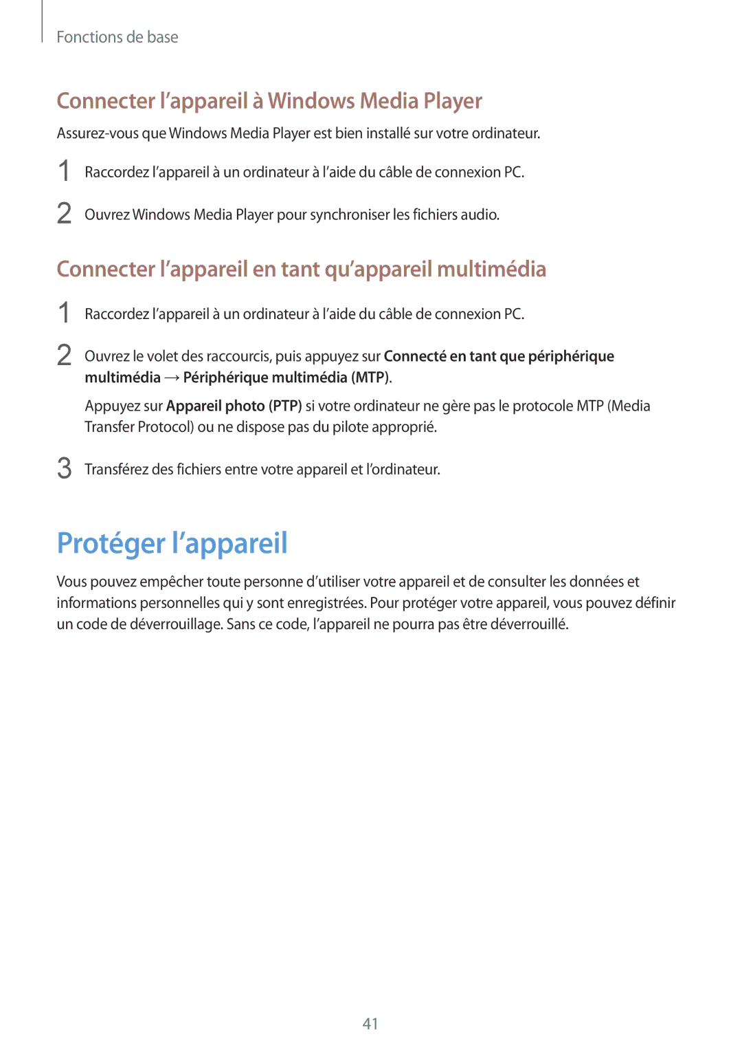 Samsung SM-G7105ZBAFTM, SM-G7105ZWABOG, SM-G7105ZKASFR Protéger l’appareil, Connecter l’appareil à Windows Media Player 