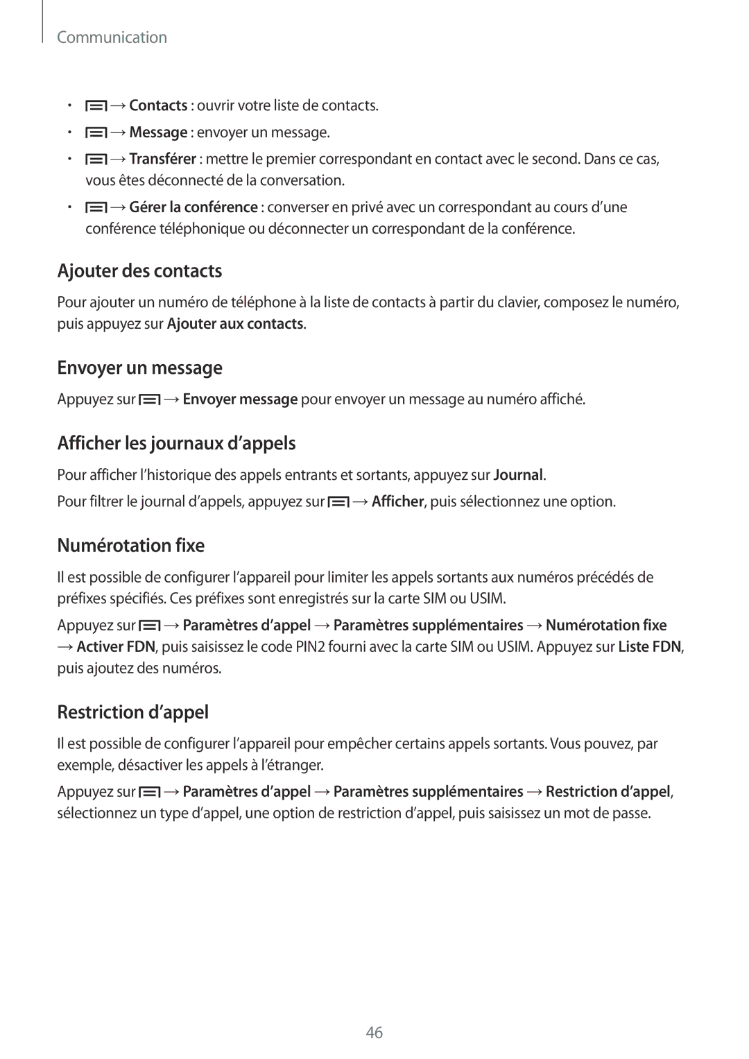 Samsung SM-G7105ZWAFTM manual Ajouter des contacts, Envoyer un message, Afficher les journaux d’appels, Numérotation fixe 