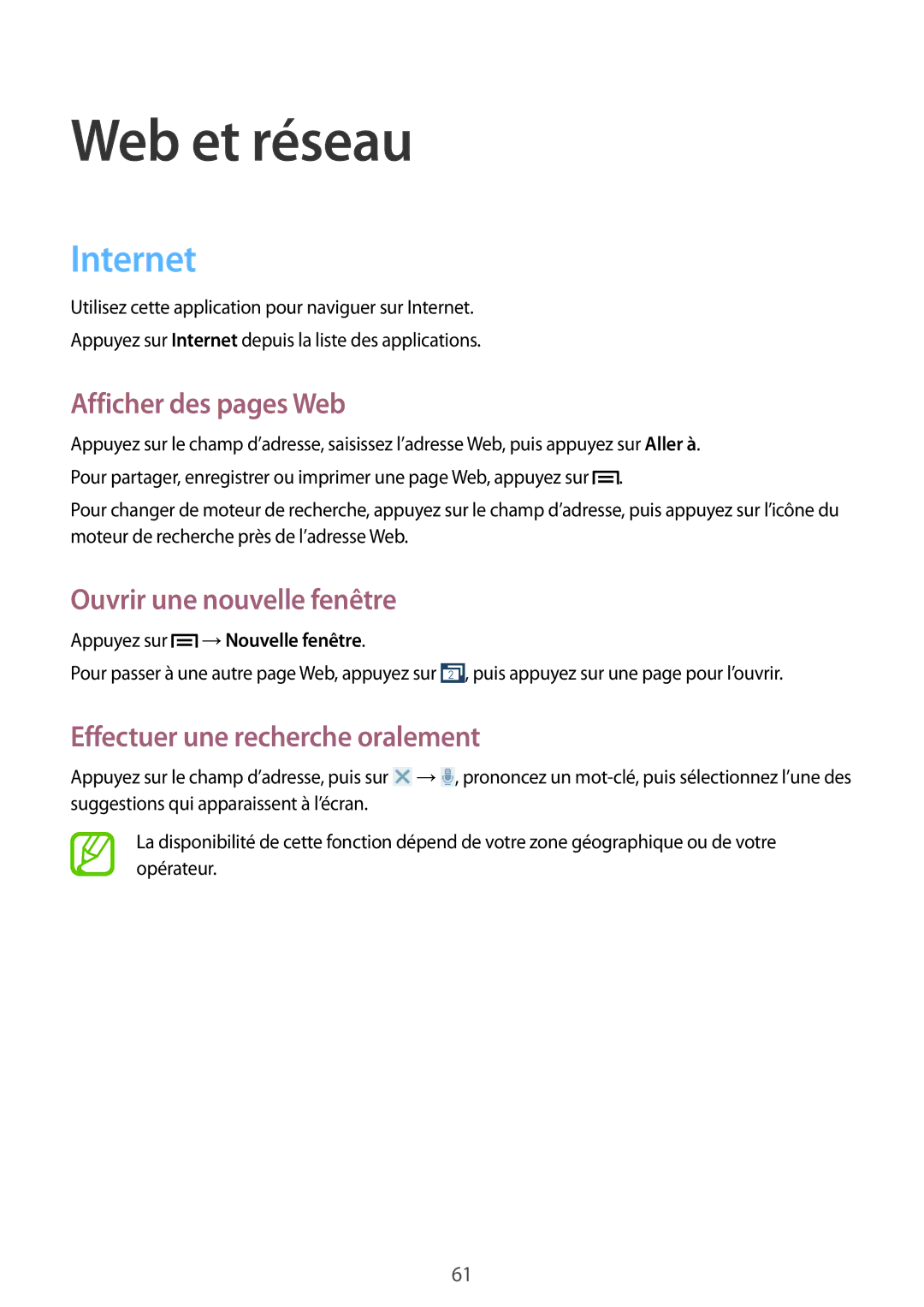 Samsung SM-G7105ZKABOG Internet, Afficher des pages Web, Ouvrir une nouvelle fenêtre, Effectuer une recherche oralement 