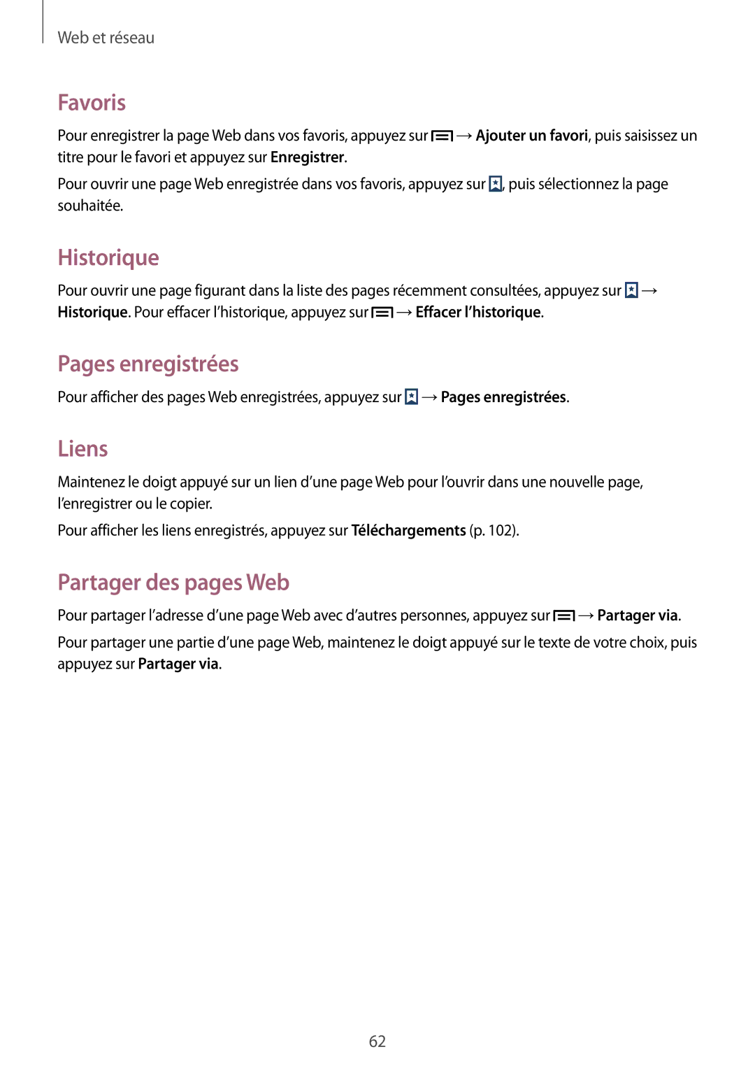 Samsung SM-G7105ZWAFTM, SM-G7105ZWABOG manual Favoris, Historique, Pages enregistrées, Liens, Partager des pages Web 