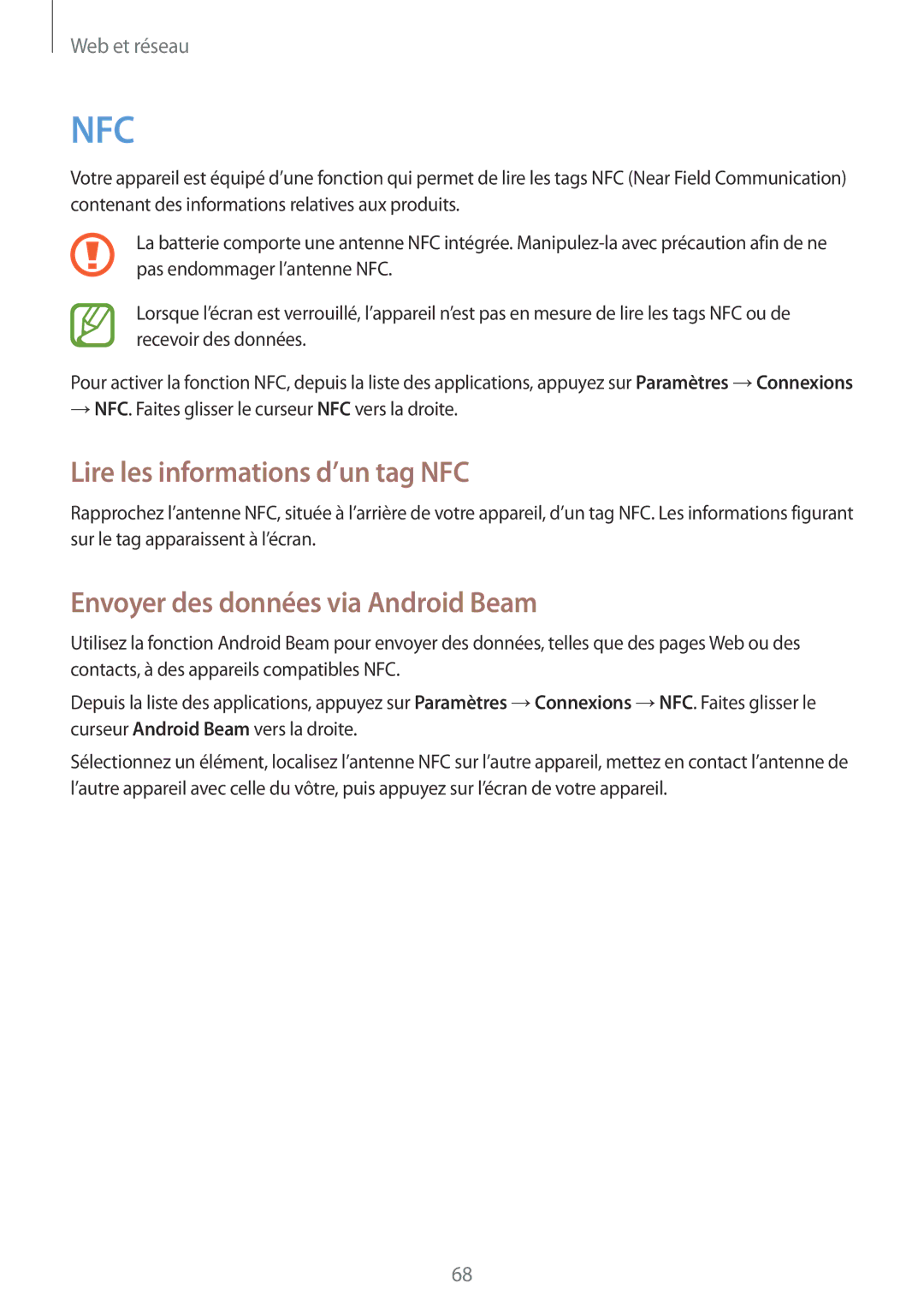 Samsung SM-G7105ZKAXEF, SM-G7105ZWABOG manual Lire les informations d’un tag NFC, Envoyer des données via Android Beam 