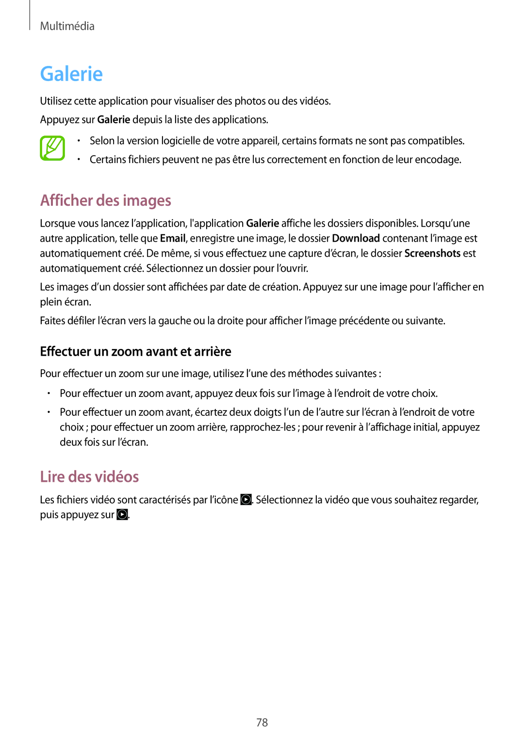 Samsung SM-G7105ZWAFTM, SM-G7105ZWABOG Galerie, Afficher des images, Lire des vidéos, Effectuer un zoom avant et arrière 