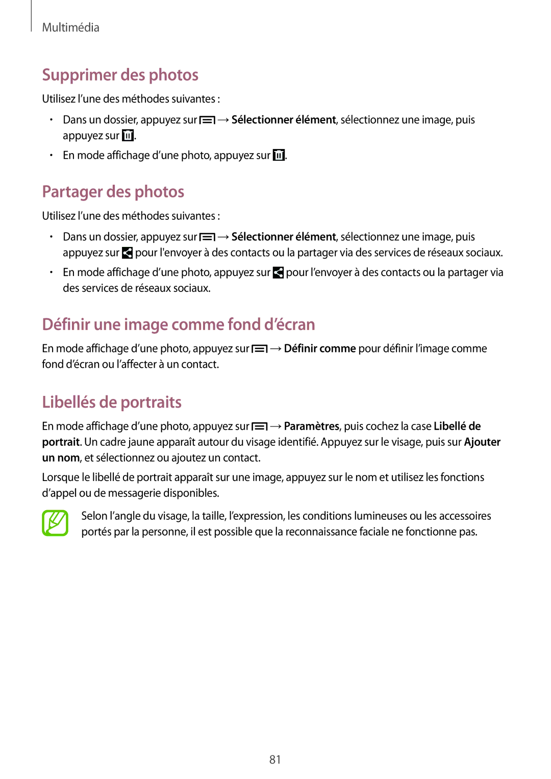 Samsung SM-G7105ZBAFTM, SM-G7105ZWABOG Supprimer des photos, Définir une image comme fond d’écran, Libellés de portraits 