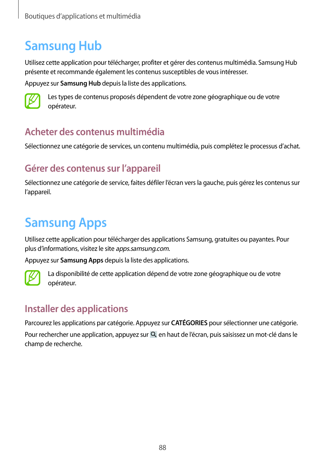 Samsung SM-G7105ZWABOG manual Samsung Hub, Samsung Apps, Acheter des contenus multimédia, Gérer des contenus sur l’appareil 