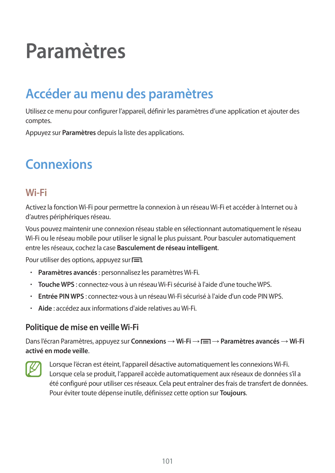 Samsung SM-G7105ZKABOG, SM-G7105ZWABOG Accéder au menu des paramètres, Connexions, Politique de mise en veille Wi-Fi 