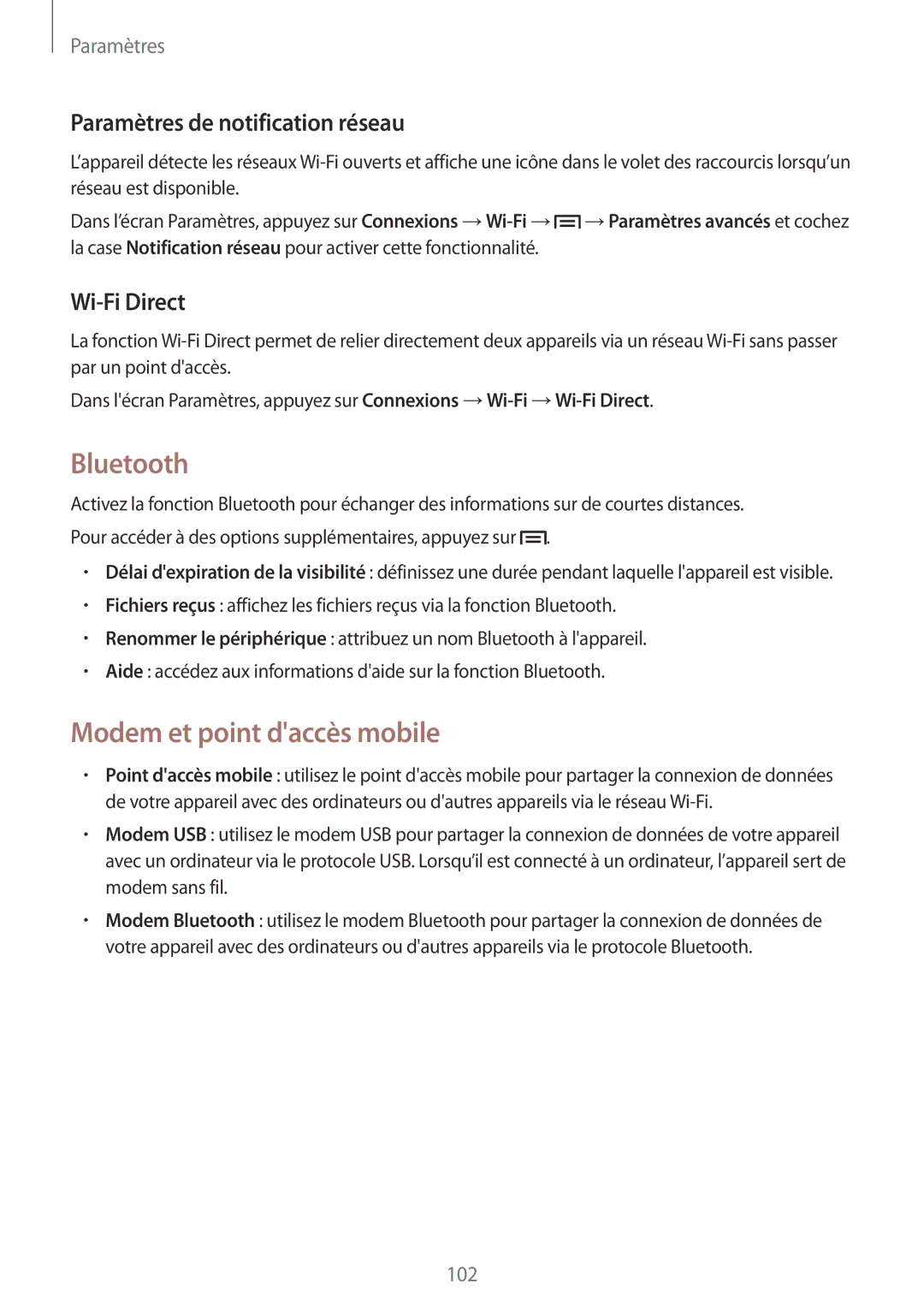 Samsung SM-G7105ZWAFTM manual Bluetooth, Modem et point daccès mobile, Paramètres de notification réseau, Wi-Fi Direct 