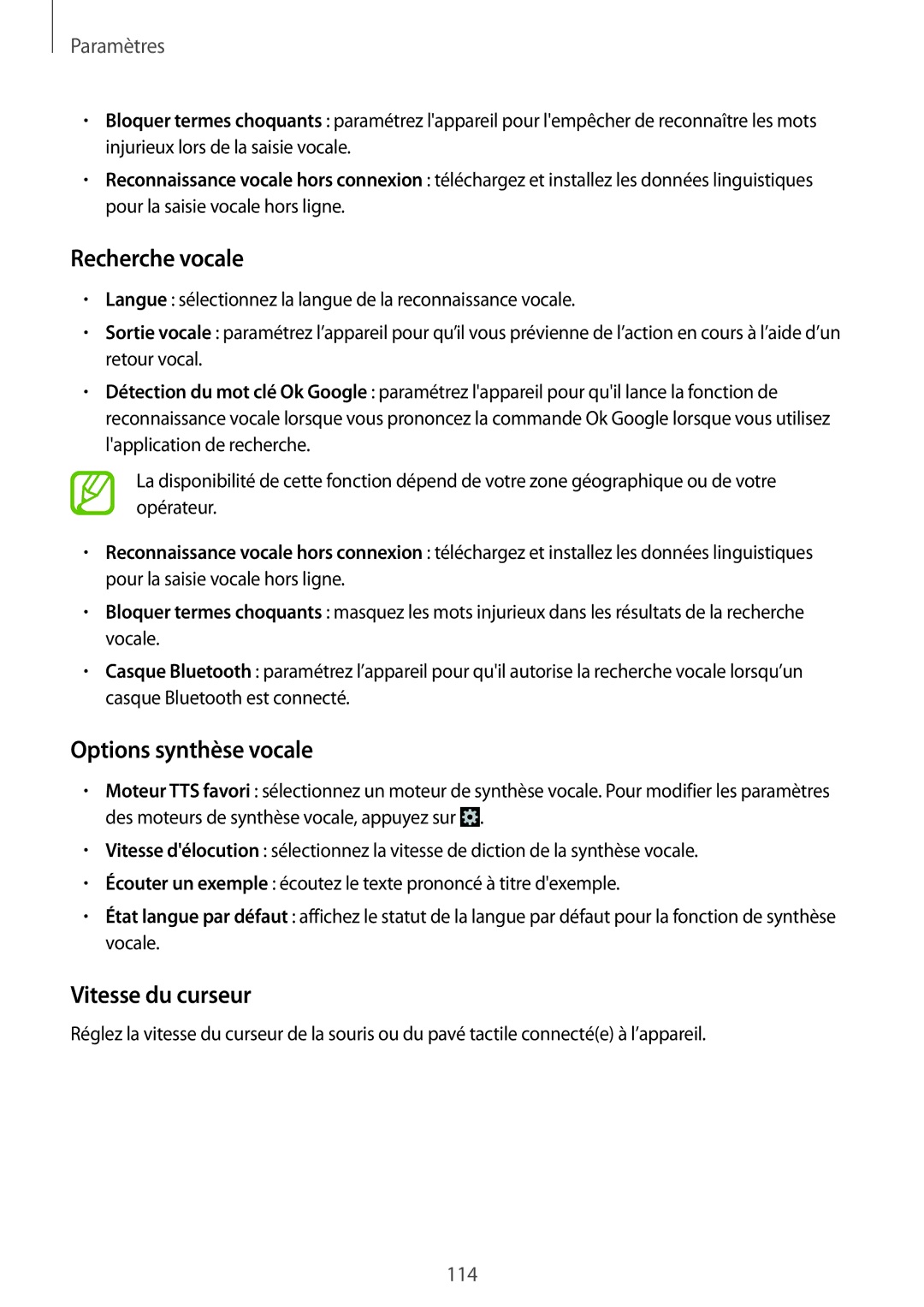 Samsung SM-G7105ZKASFR, SM-G7105ZWABOG, SM-G7105ZBAFTM manual Recherche vocale, Options synthèse vocale, Vitesse du curseur 