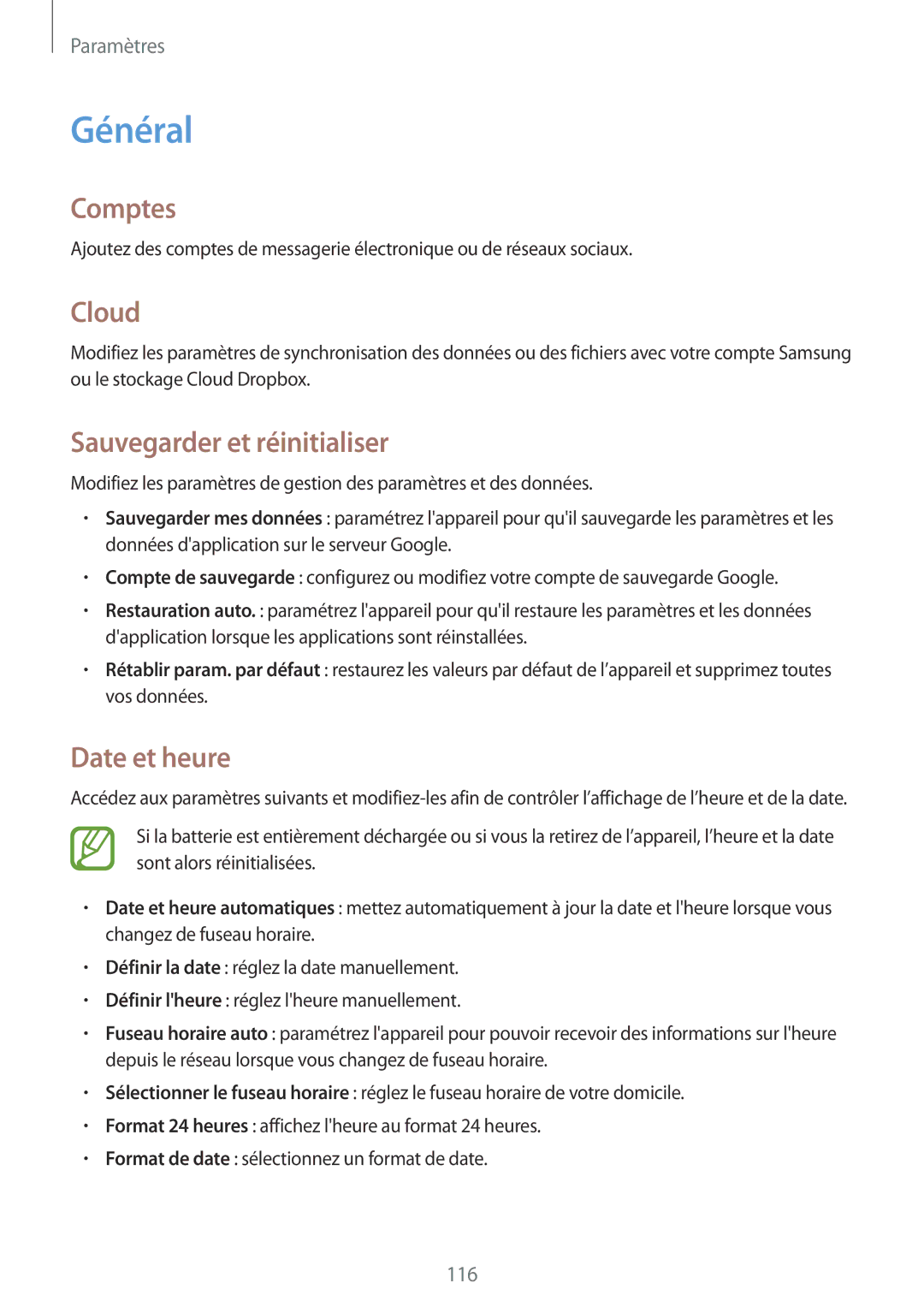 Samsung SM-G7105ZKAXEF, SM-G7105ZWABOG, SM-G7105ZBAFTM Général, Comptes, Cloud, Sauvegarder et réinitialiser, Date et heure 