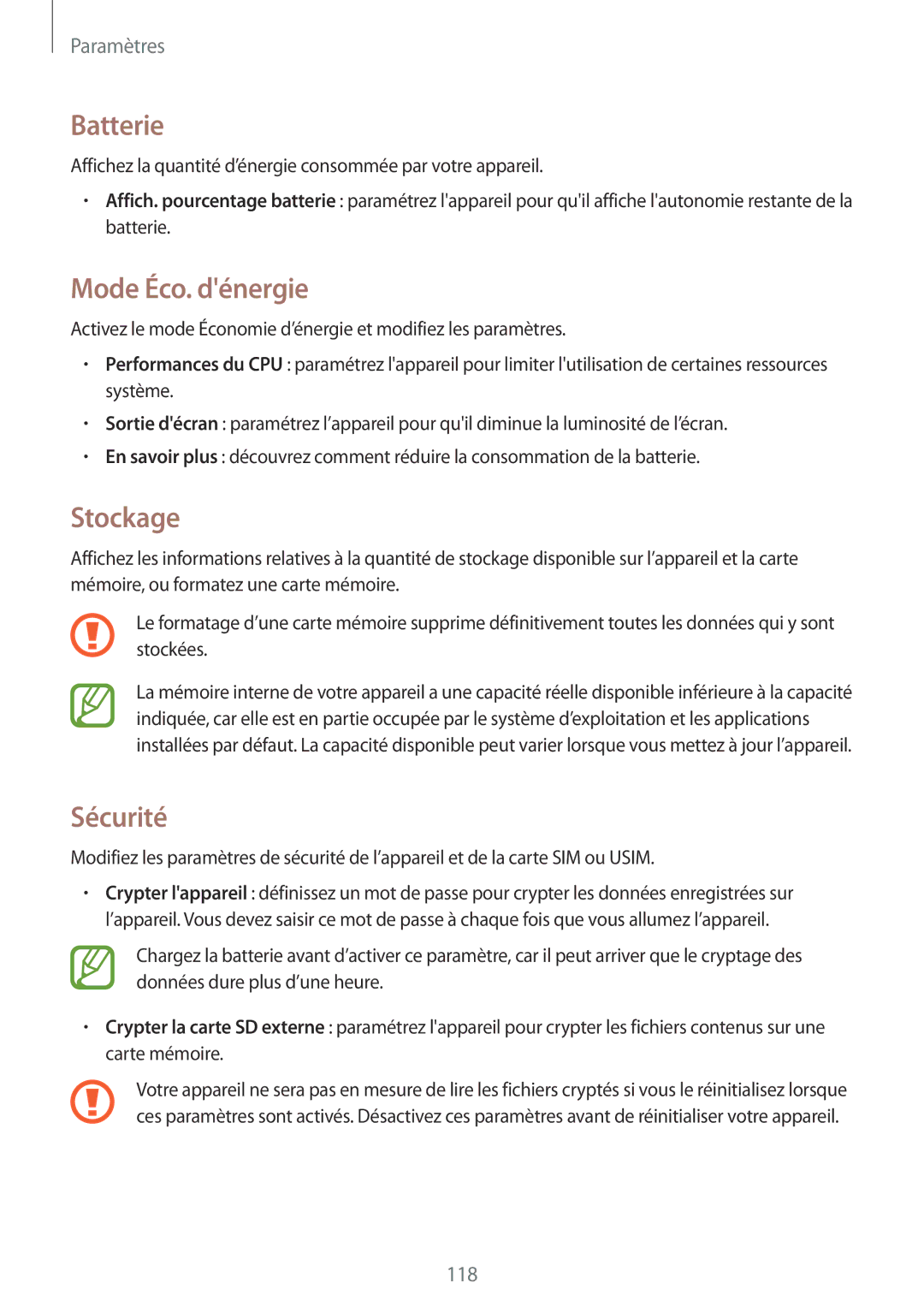 Samsung SM-G7105ZWAFTM, SM-G7105ZWABOG, SM-G7105ZBAFTM, SM-G7105ZKASFR manual Batterie, Mode Éco. dénergie, Stockage, Sécurité 