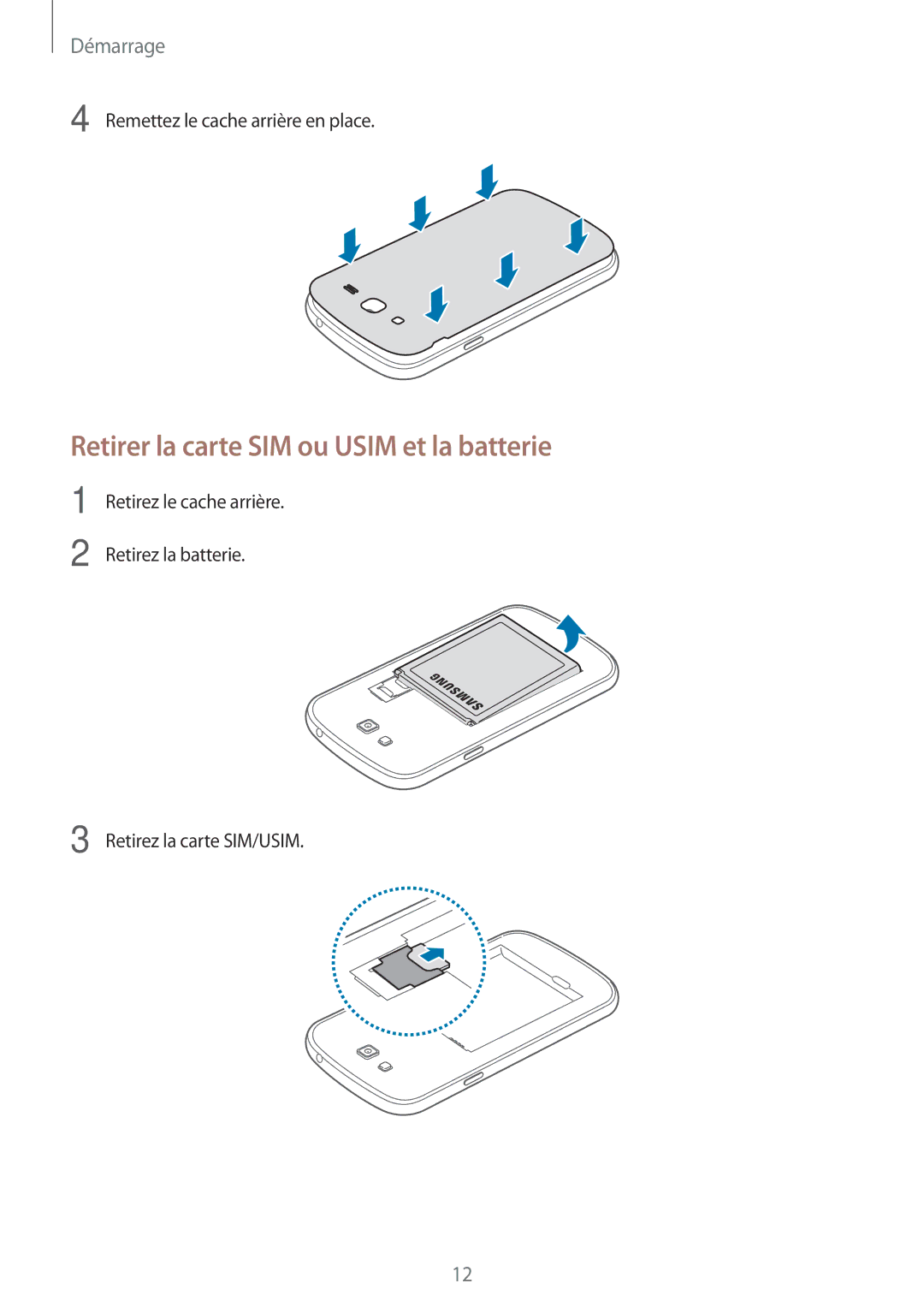 Samsung SM-G7105ZKAXEF, SM-G7105ZWABOG, SM-G7105ZBAFTM, SM-G7105ZKASFR manual Retirer la carte SIM ou Usim et la batterie 