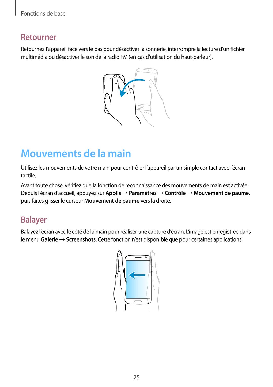 Samsung SM-G7105ZBAFTM, SM-G7105ZWABOG, SM-G7105ZKASFR, SM-G7105ZWASFR manual Mouvements de la main, Retourner, Balayer 