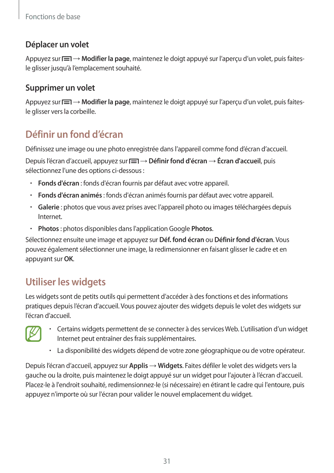 Samsung SM-G7105ZWAXEF manual Définir un fond d’écran, Utiliser les widgets, Déplacer un volet, Supprimer un volet 