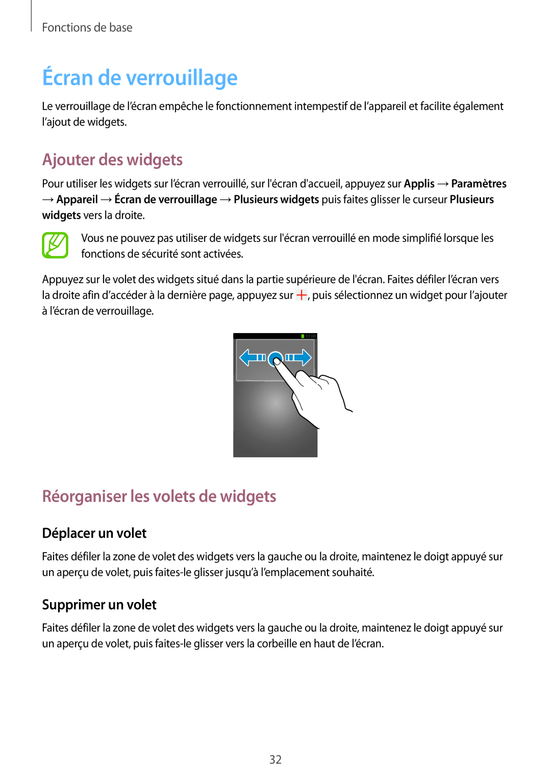 Samsung SM-G7105ZWABOG, SM-G7105ZBAFTM manual Écran de verrouillage, Ajouter des widgets, Réorganiser les volets de widgets 