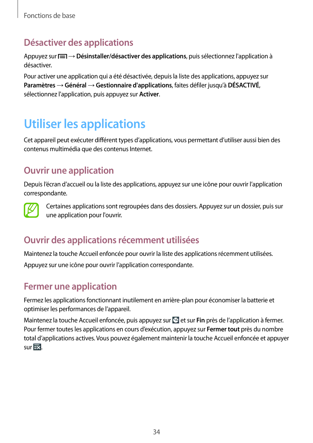 Samsung SM-G7105ZKASFR, SM-G7105ZWABOG manual Utiliser les applications, Désactiver des applications, Ouvrir une application 