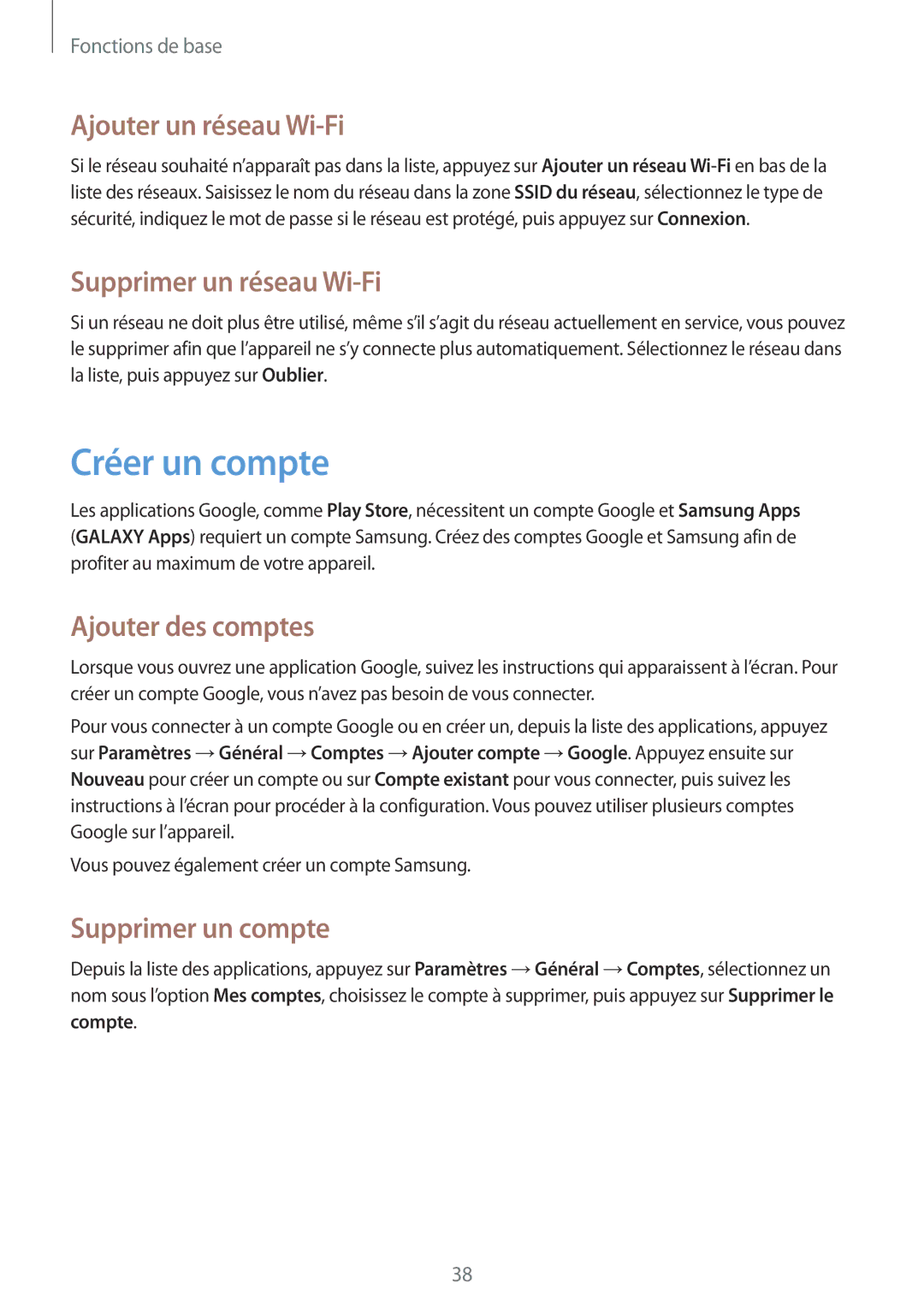 Samsung SM-G7105ZWAFTM manual Créer un compte, Ajouter un réseau Wi-Fi, Supprimer un réseau Wi-Fi, Ajouter des comptes 