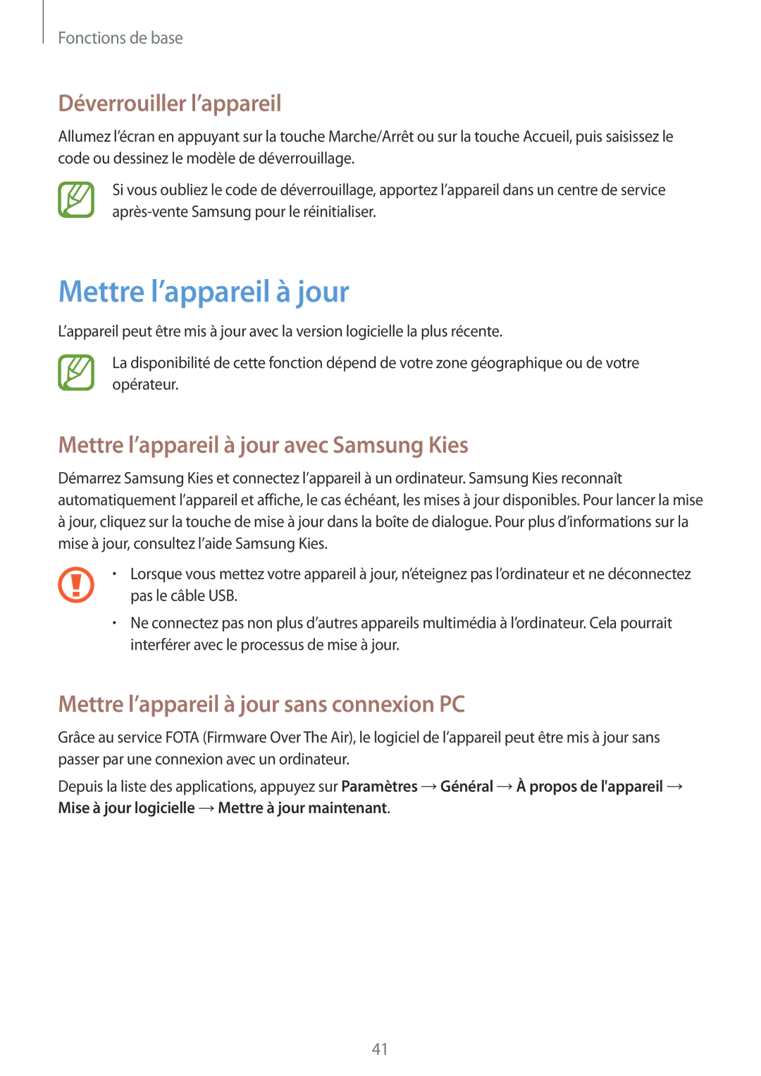 Samsung SM-G7105ZBAFTM, SM-G7105ZWABOG manual Déverrouiller l’appareil, Mettre l’appareil à jour avec Samsung Kies 