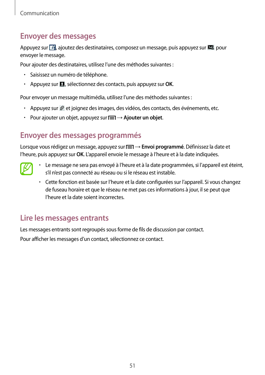 Samsung SM-G7105ZWASFR, SM-G7105ZWABOG, SM-G7105ZBAFTM manual Envoyer des messages programmés, Lire les messages entrants 