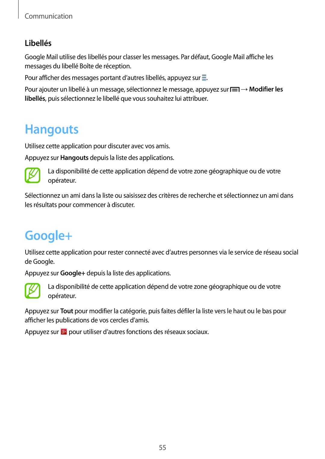 Samsung SM-G7105ZWAXEF, SM-G7105ZWABOG, SM-G7105ZBAFTM, SM-G7105ZKASFR, SM-G7105ZWASFR manual Hangouts, Google+, Libellés 