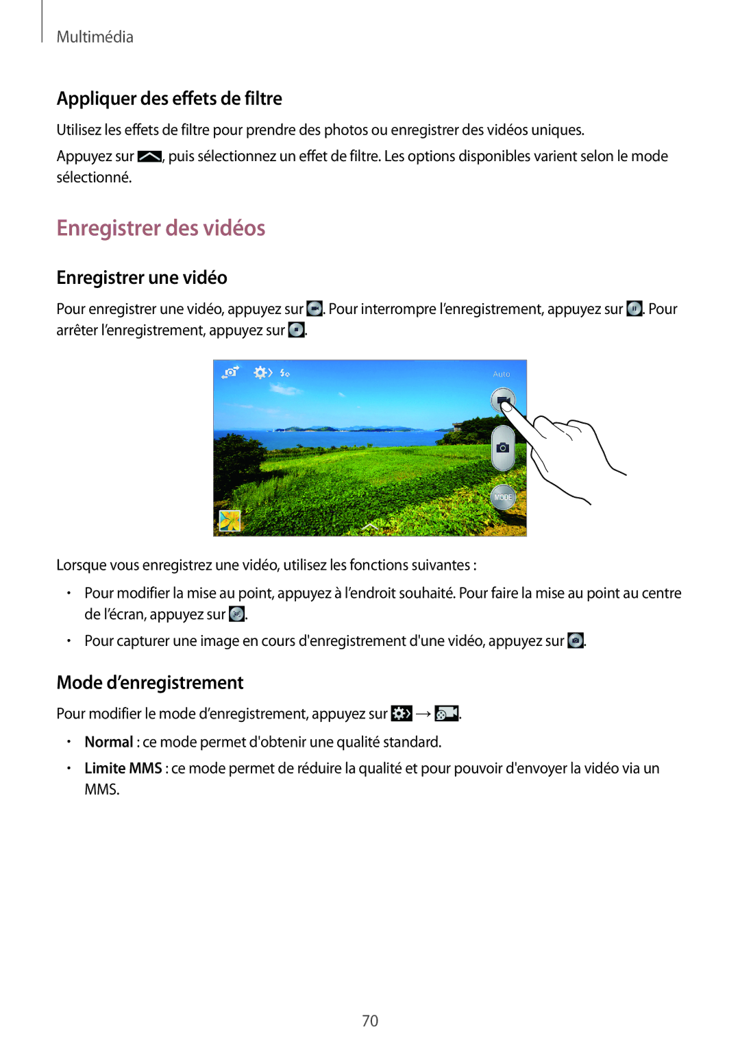 Samsung SM-G7105ZWAFTM, SM-G7105ZWABOG manual Enregistrer des vidéos, Appliquer des effets de filtre, Enregistrer une vidéo 