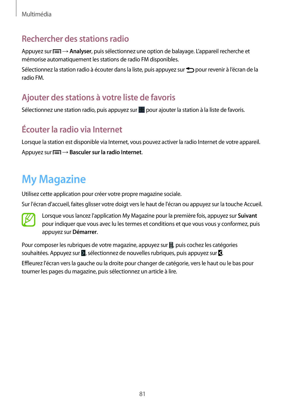 Samsung SM-G7105ZBAFTM manual My Magazine, Rechercher des stations radio, Ajouter des stations à votre liste de favoris 