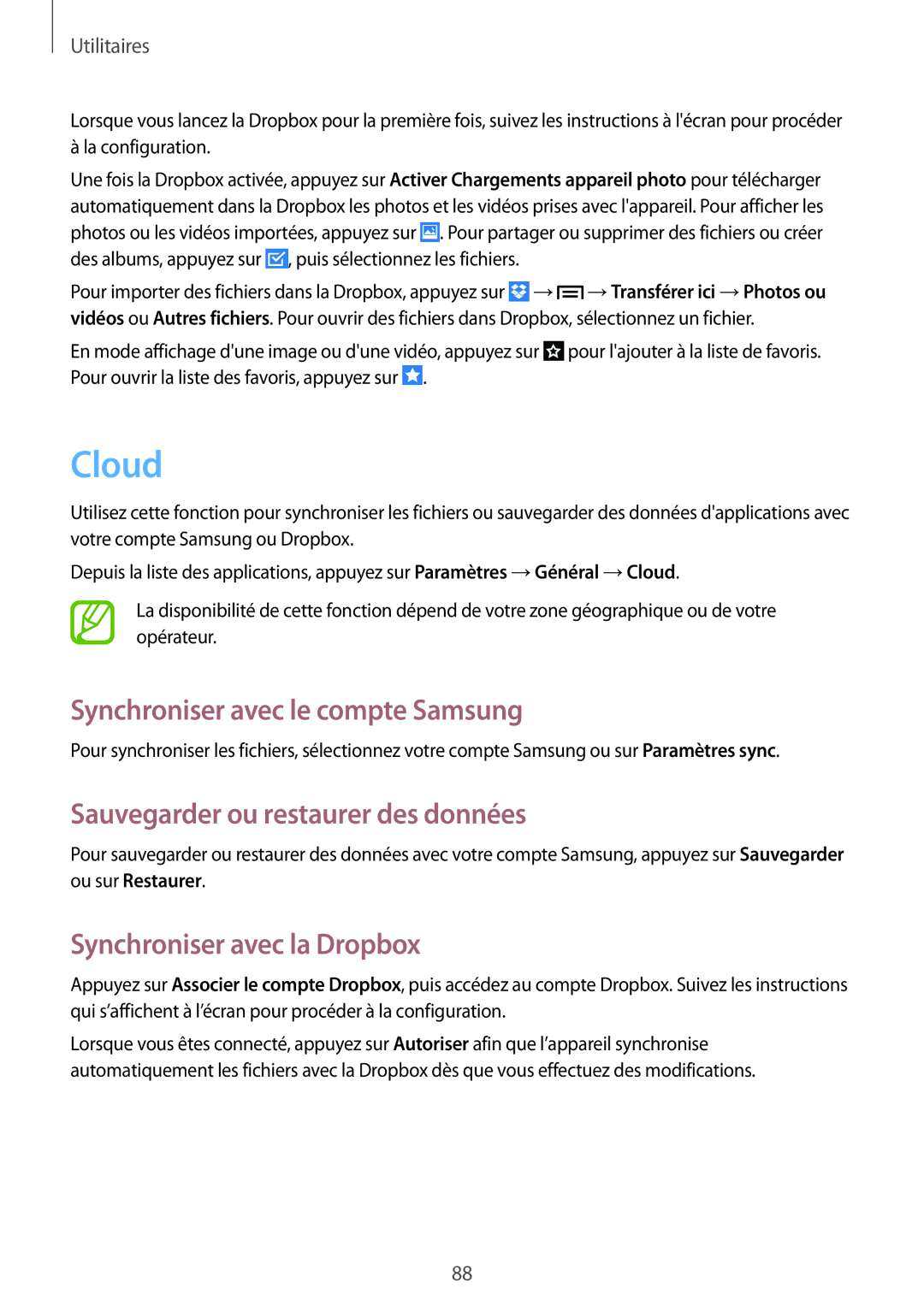 Samsung SM-G7105ZWABOG, SM-G7105ZBAFTM Cloud, Synchroniser avec le compte Samsung, Sauvegarder ou restaurer des données 