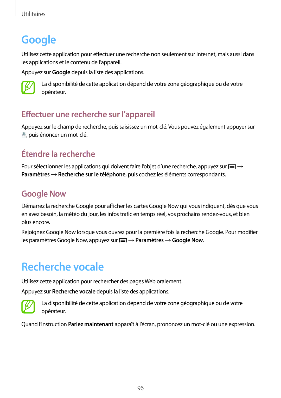 Samsung SM-G7105ZWABOG Recherche vocale, Effectuer une recherche sur l’appareil, Étendre la recherche, Google Now 