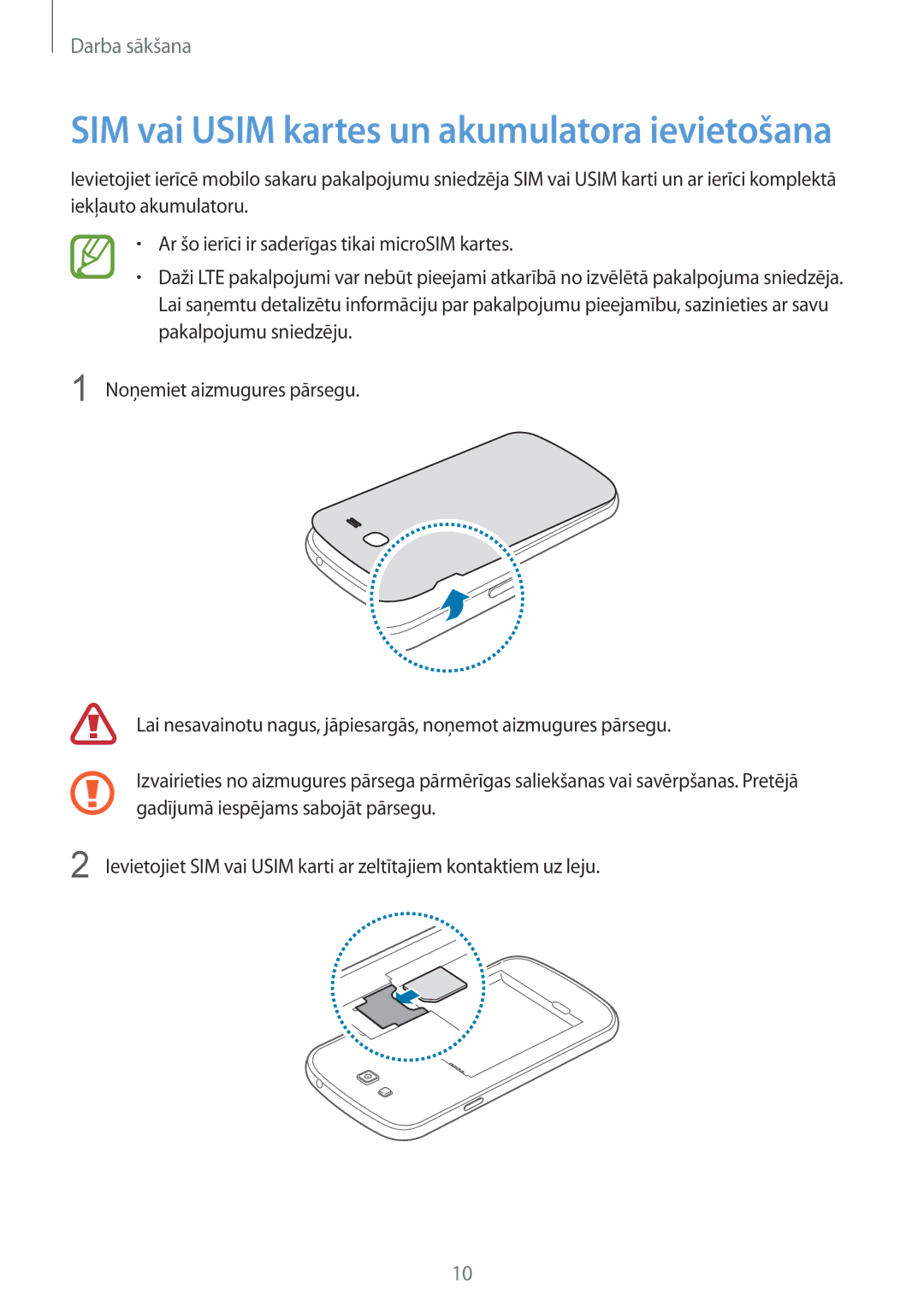 Samsung SM-G7105ZWASEB, SM-G7105ZKASEB manual SIM vai Usim kartes un akumulatora ievietošana 