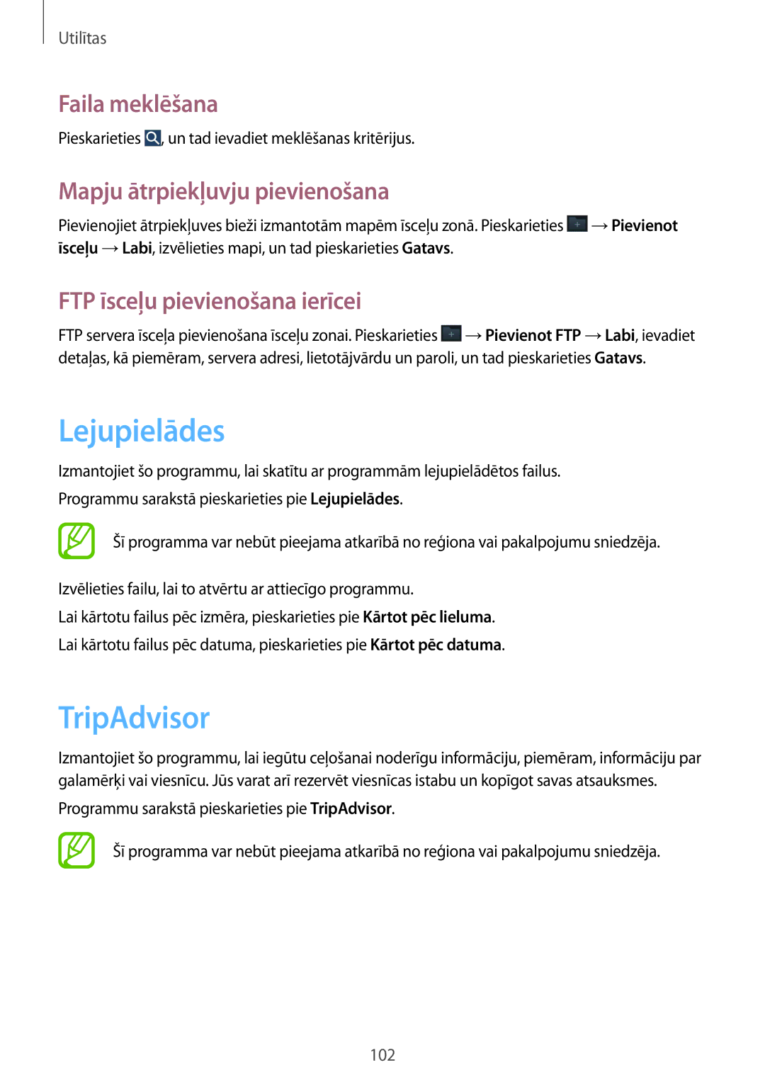 Samsung SM-G7105ZWASEB, SM-G7105ZKASEB manual Lejupielādes, TripAdvisor, Faila meklēšana, Mapju ātrpiekļuvju pievienošana 