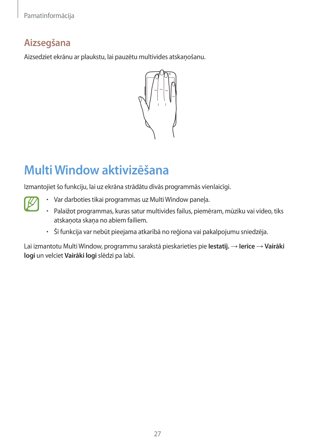 Samsung SM-G7105ZKASEB, SM-G7105ZWASEB manual Multi Window aktivizēšana, Aizsegšana 