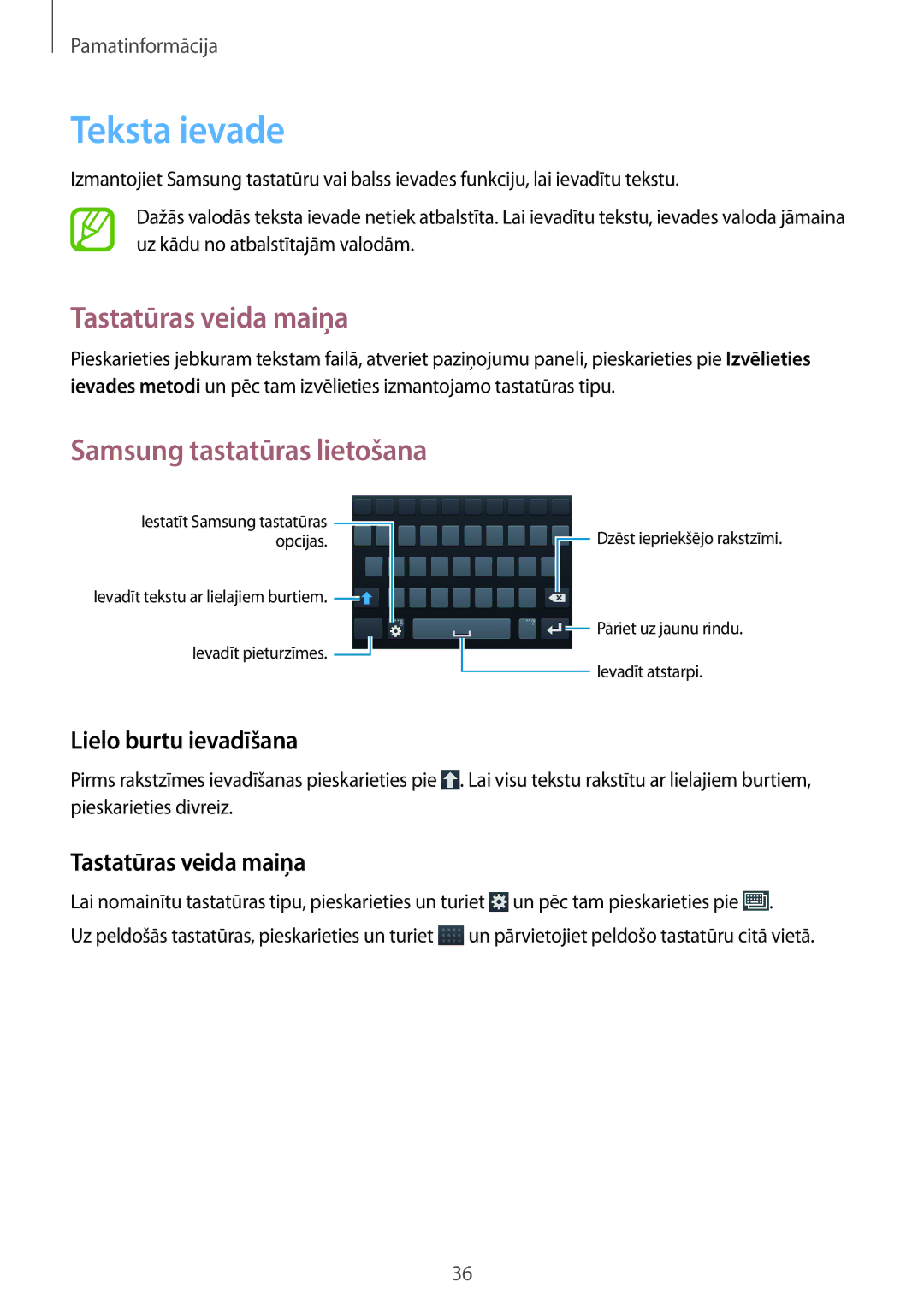 Samsung SM-G7105ZWASEB, SM-G7105ZKASEB manual Teksta ievade, Tastatūras veida maiņa, Lielo burtu ievadīšana 