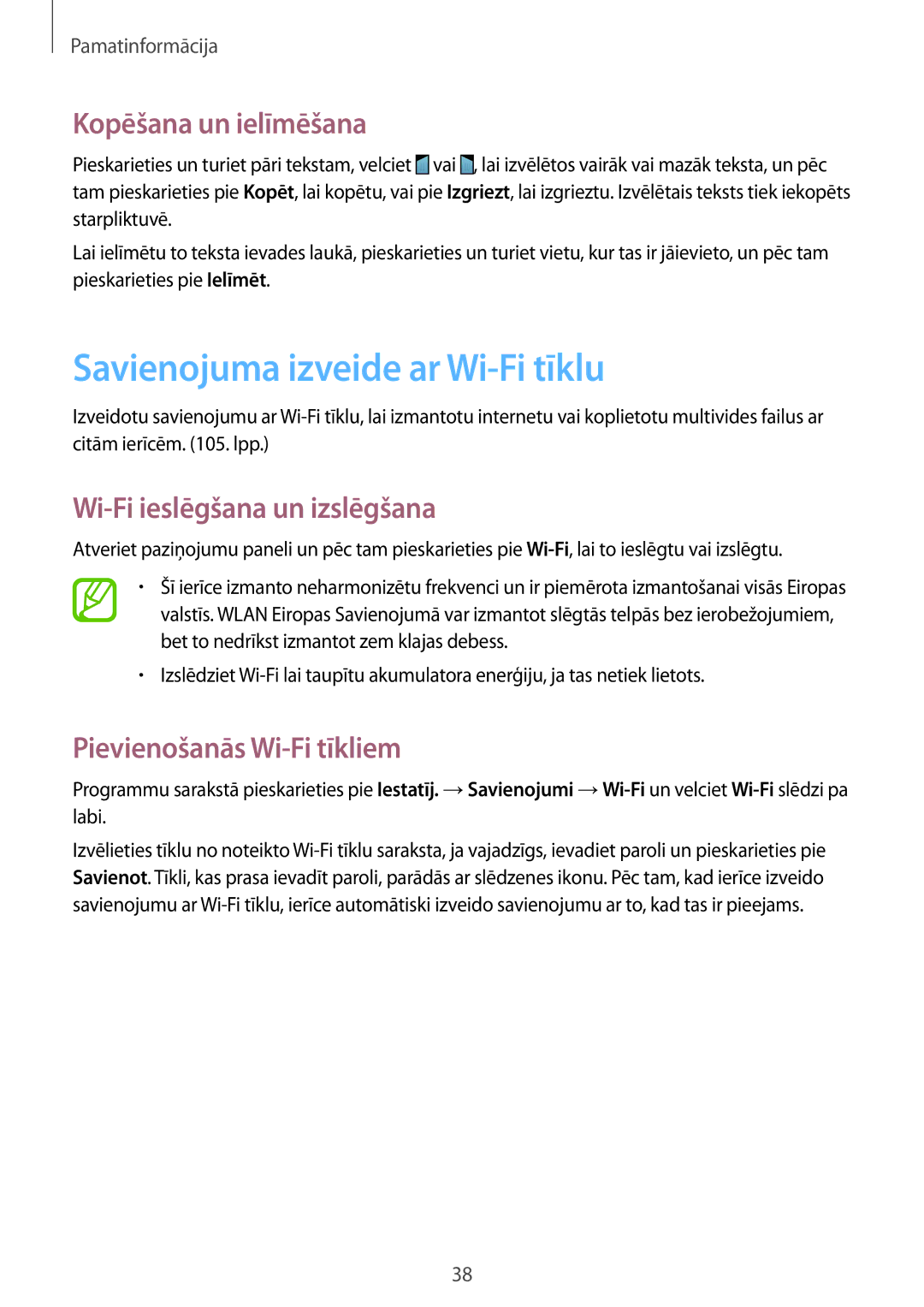 Samsung SM-G7105ZWASEB manual Savienojuma izveide ar Wi-Fi tīklu, Kopēšana un ielīmēšana, Wi-Fi ieslēgšana un izslēgšana 