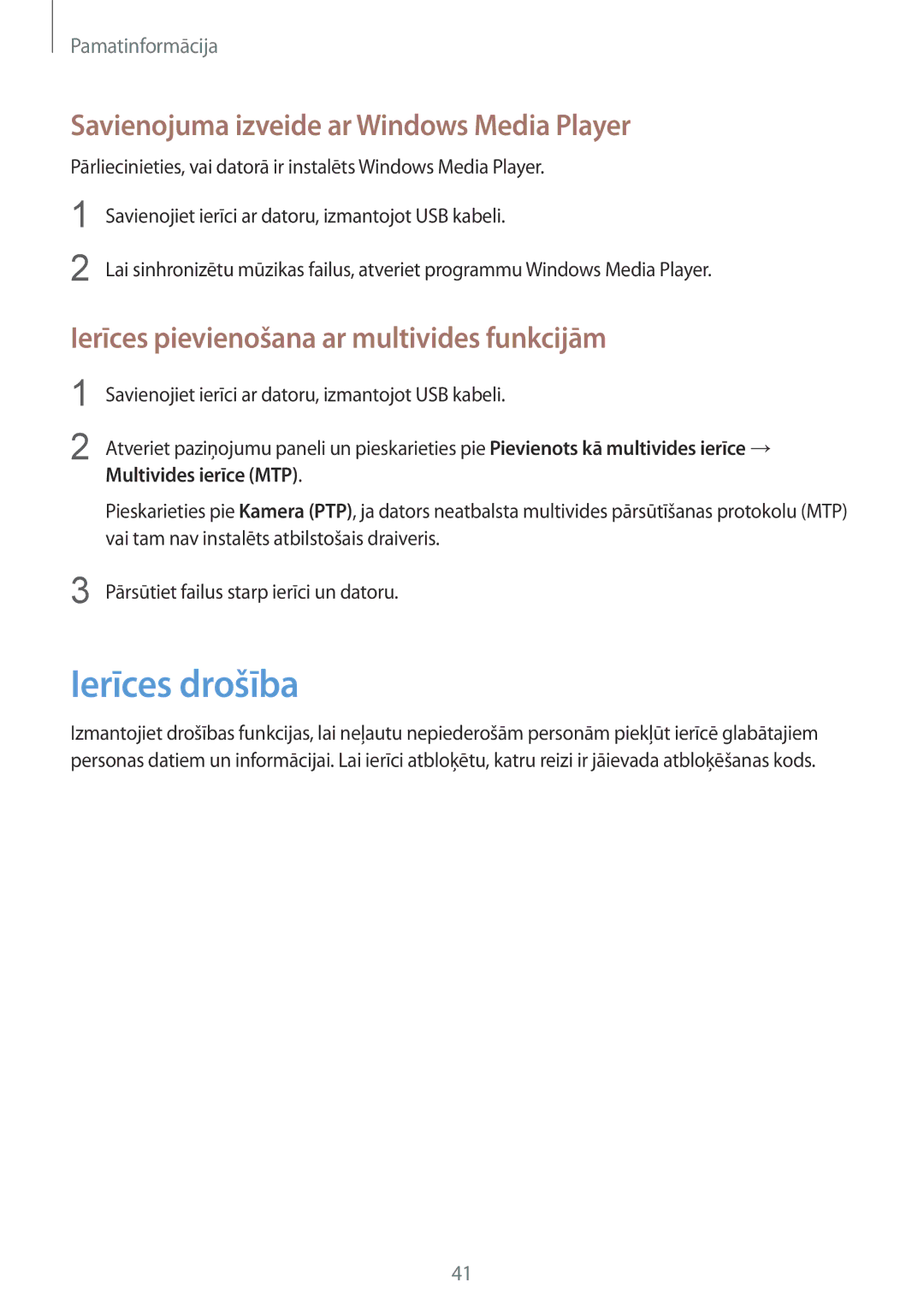 Samsung SM-G7105ZKASEB, SM-G7105ZWASEB manual Ierīces drošība, Savienojuma izveide ar Windows Media Player 