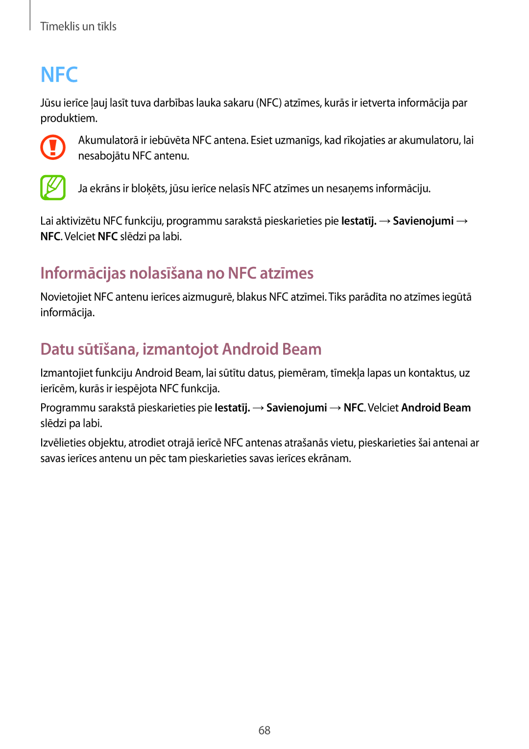 Samsung SM-G7105ZWASEB, SM-G7105ZKASEB manual Informācijas nolasīšana no NFC atzīmes, Datu sūtīšana, izmantojot Android Beam 