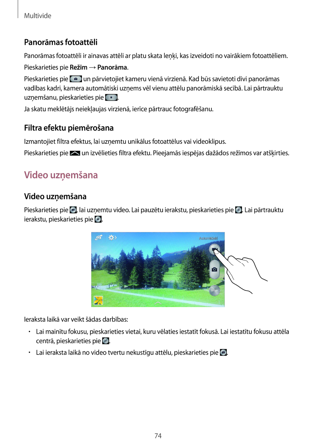 Samsung SM-G7105ZWASEB, SM-G7105ZKASEB manual Video uzņemšana, Panorāmas fotoattēli, Filtra efektu piemērošana 