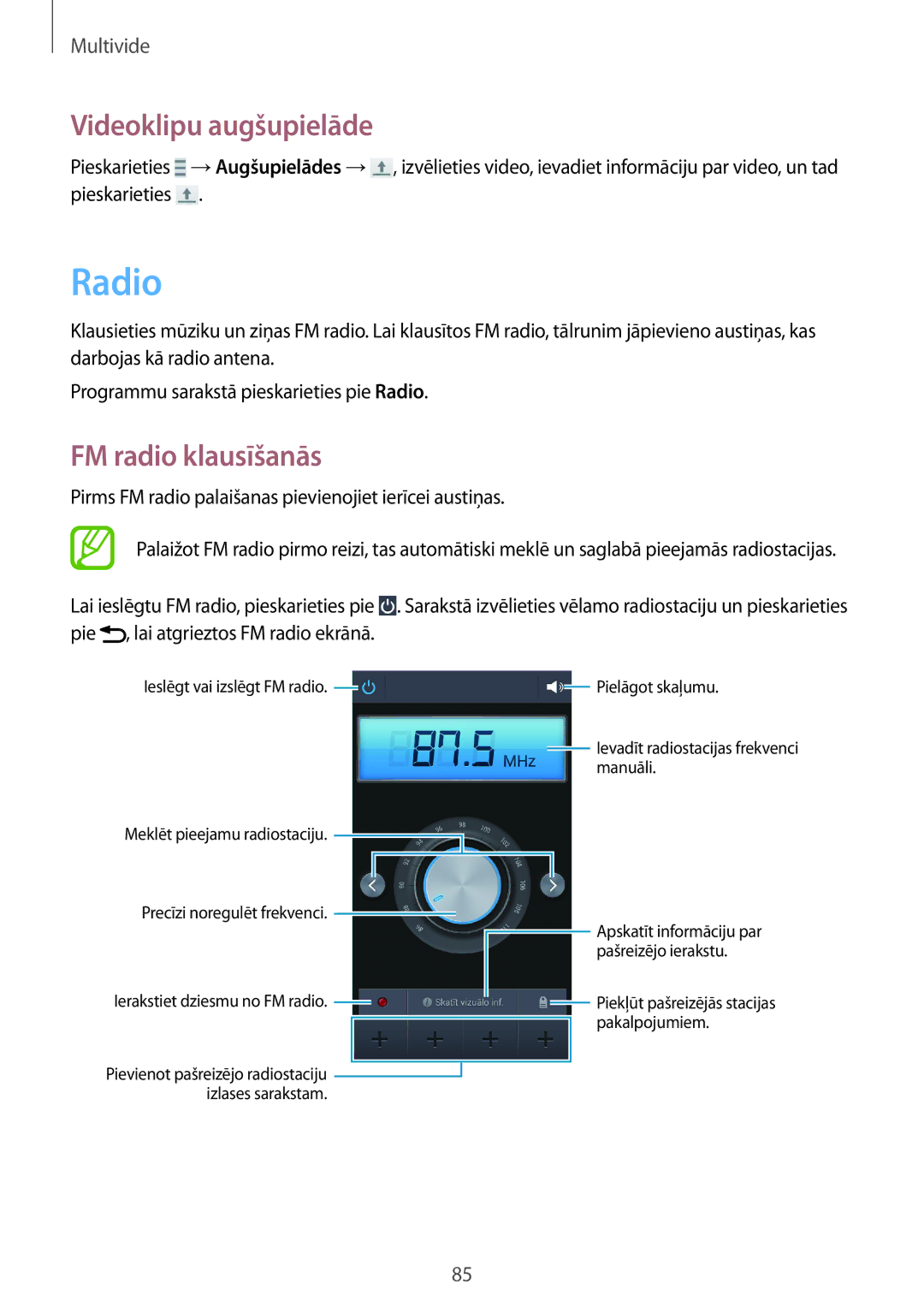 Samsung SM-G7105ZKASEB, SM-G7105ZWASEB manual Radio, Videoklipu augšupielāde, FM radio klausīšanās 