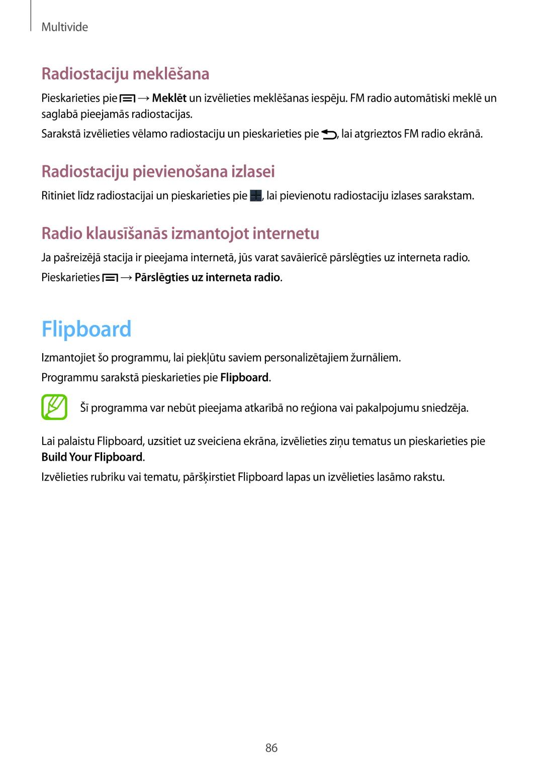 Samsung SM-G7105ZWASEB, SM-G7105ZKASEB manual Flipboard, Radiostaciju meklēšana, Radiostaciju pievienošana izlasei 