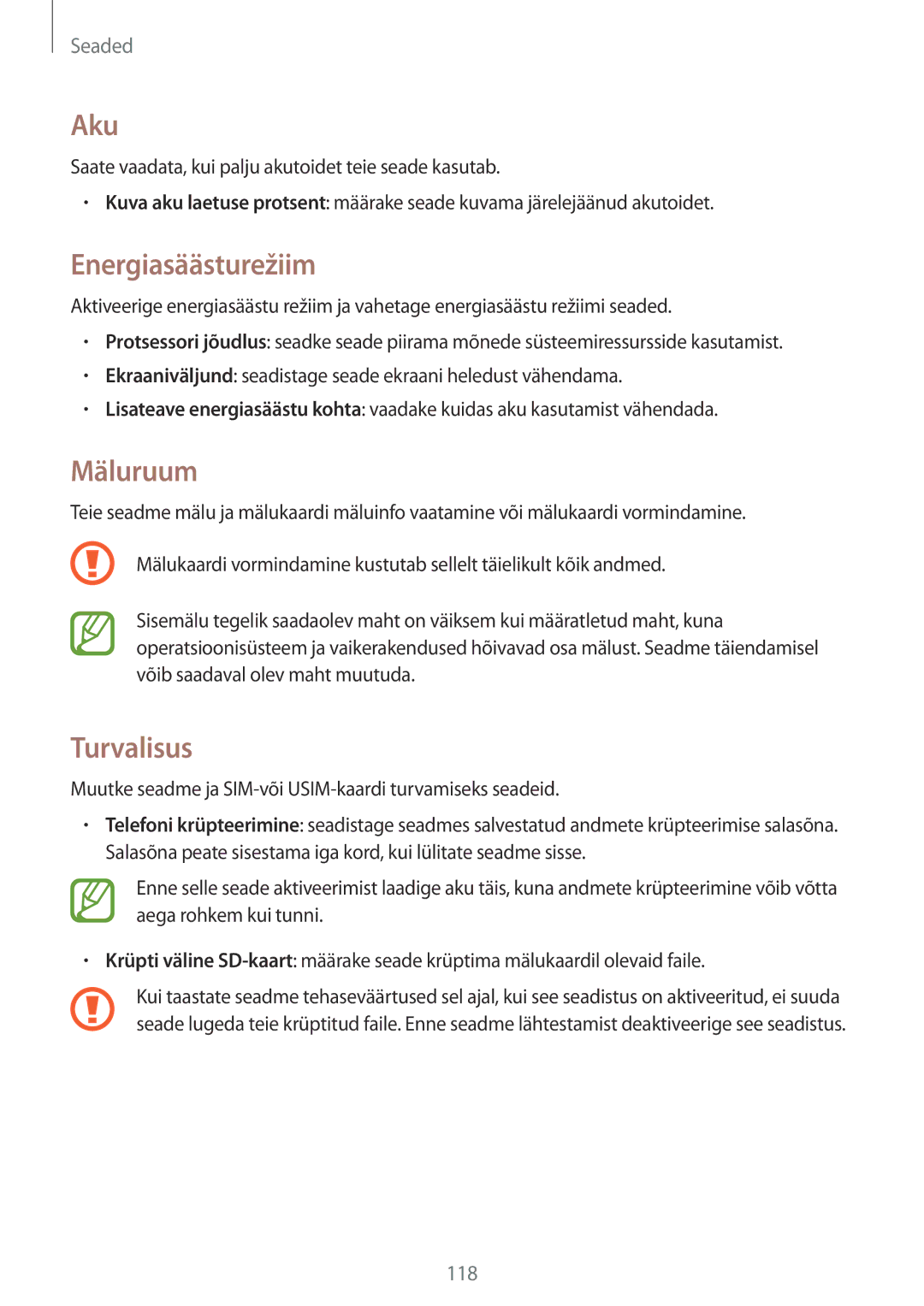 Samsung SM-G7105ZWASEB, SM-G7105ZKASEB manual Aku, Energiasäästurežiim, Mäluruum, Turvalisus 