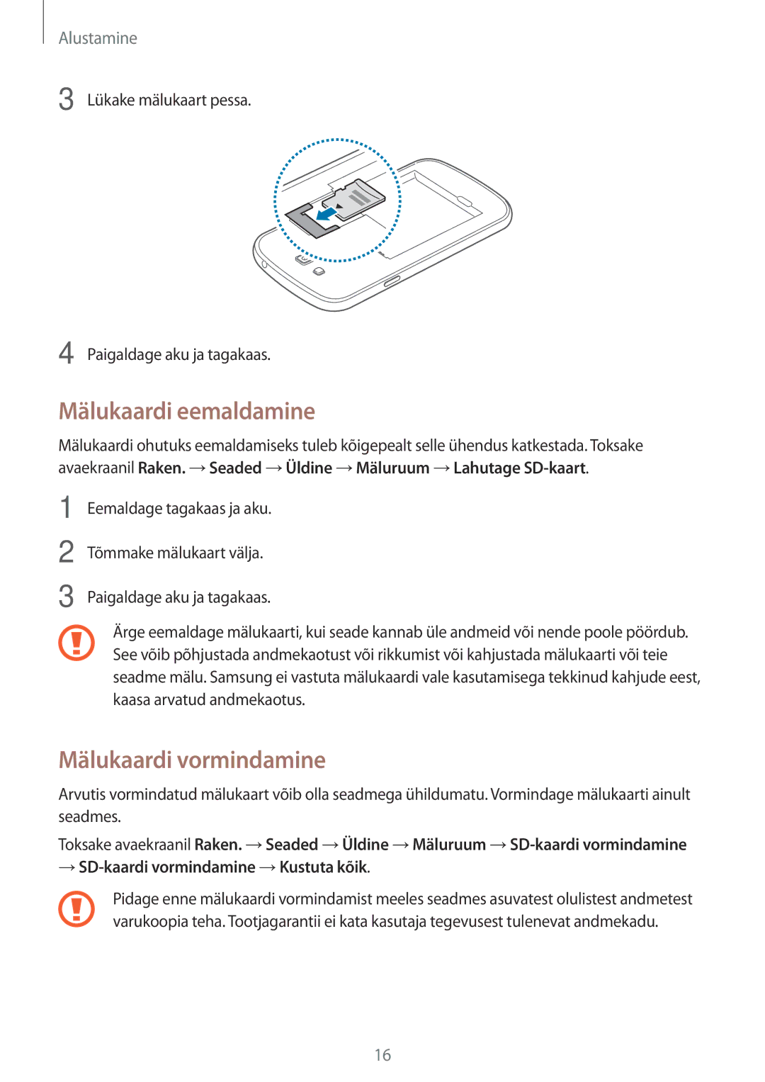 Samsung SM-G7105ZWASEB manual Mälukaardi eemaldamine, Mälukaardi vormindamine, → SD-kaardi vormindamine →Kustuta kõik 