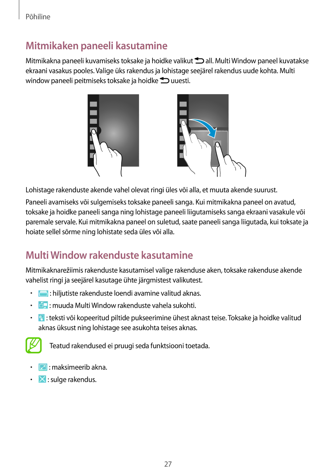 Samsung SM-G7105ZKASEB, SM-G7105ZWASEB manual Mitmikaken paneeli kasutamine, Multi Window rakenduste kasutamine 