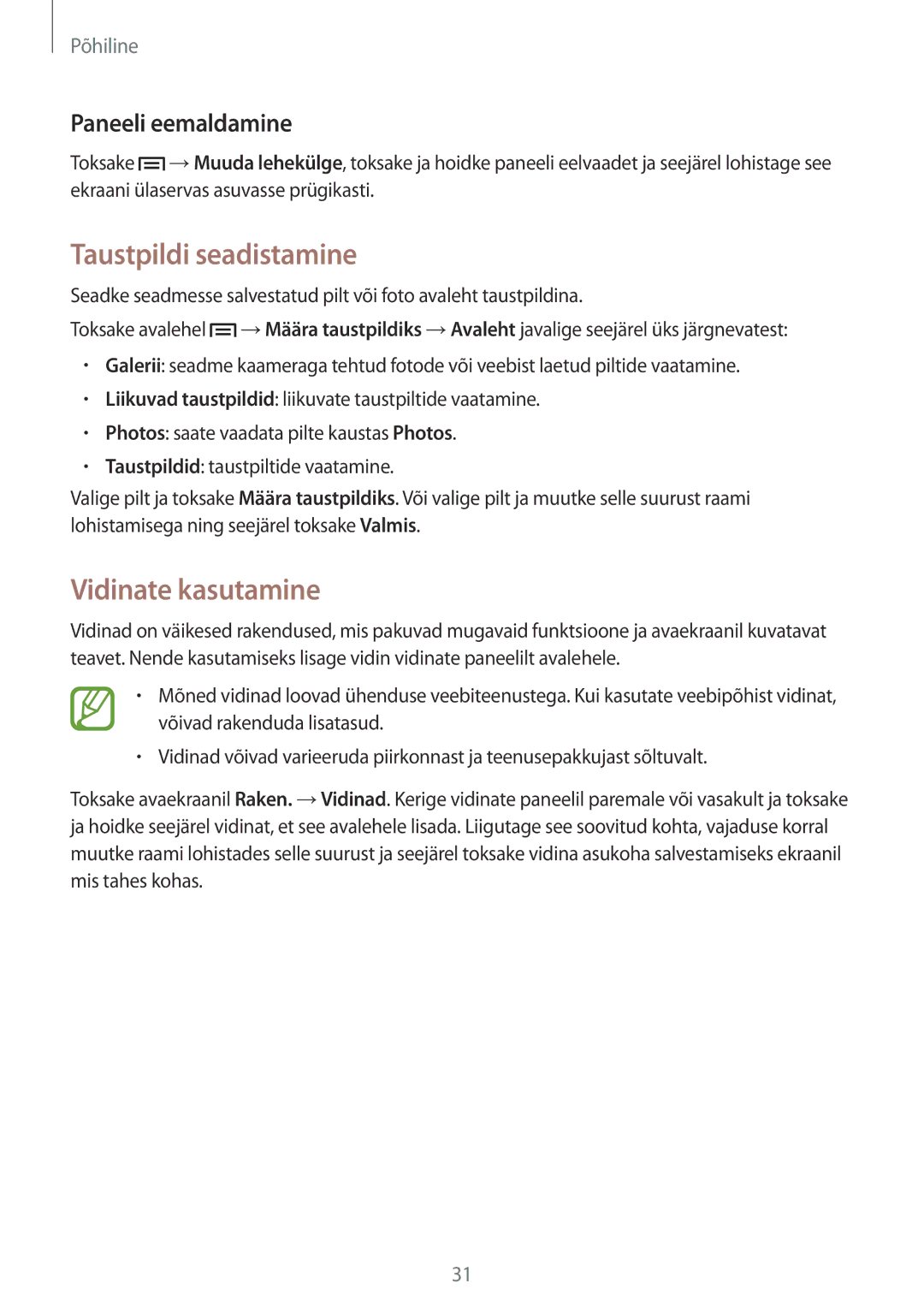 Samsung SM-G7105ZKASEB, SM-G7105ZWASEB manual Taustpildi seadistamine, Vidinate kasutamine, Paneeli eemaldamine 