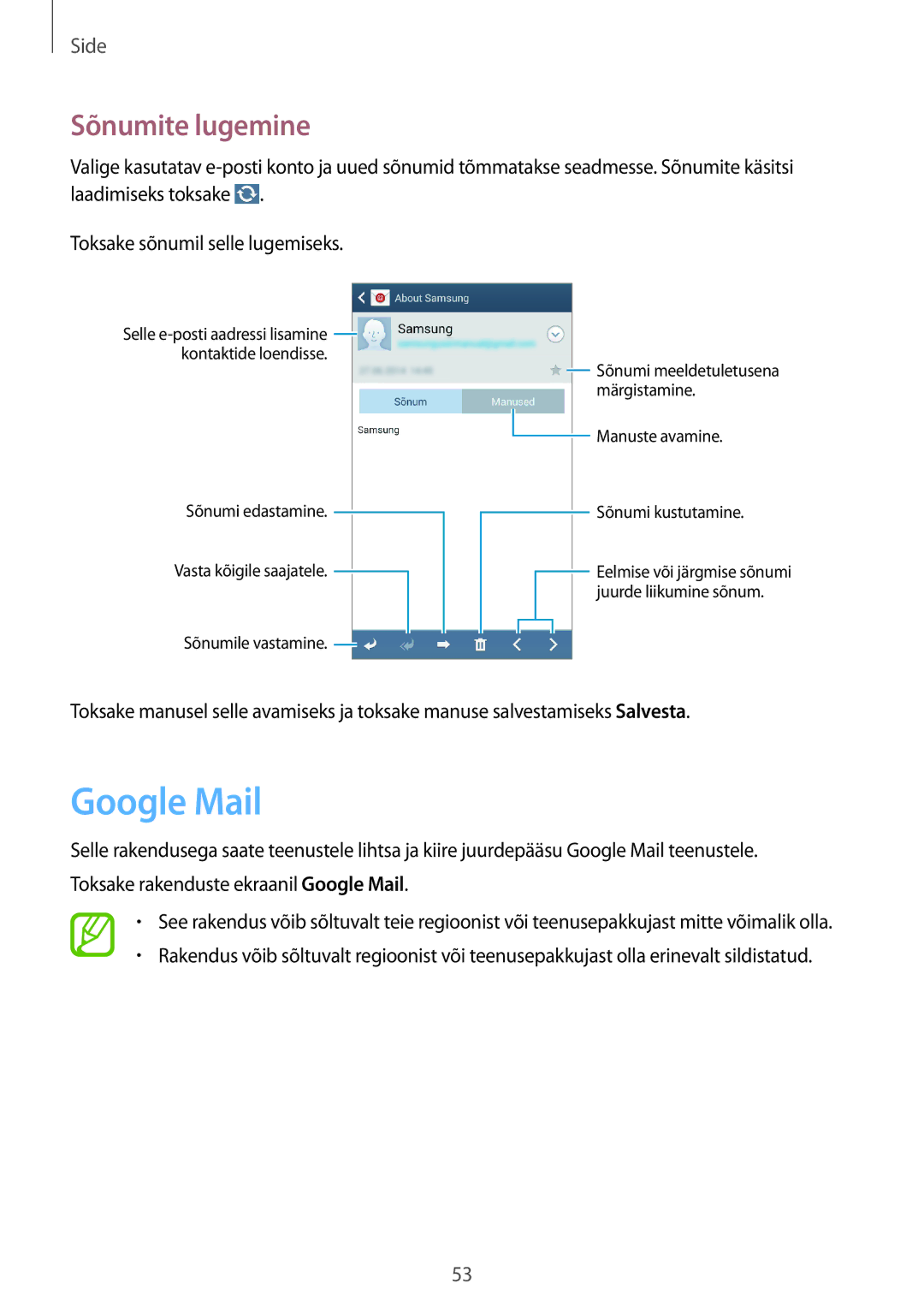 Samsung SM-G7105ZKASEB, SM-G7105ZWASEB manual Google Mail, Sõnumite lugemine 