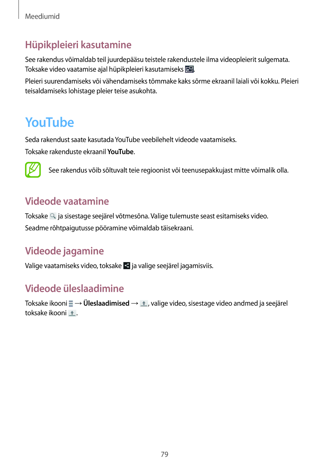 Samsung SM-G7105ZKASEB, SM-G7105ZWASEB manual YouTube, Hüpikpleieri kasutamine, Videode vaatamine, Videode üleslaadimine 