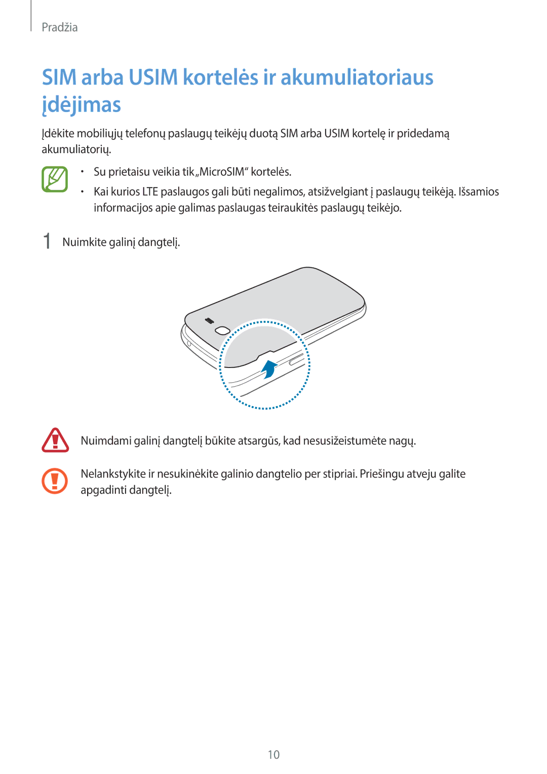 Samsung SM-G7105ZWASEB, SM-G7105ZKASEB manual SIM arba Usim kortelės ir akumuliatoriaus įdėjimas 