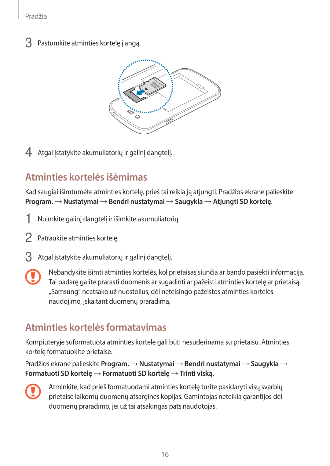 Samsung SM-G7105ZWASEB, SM-G7105ZKASEB manual Atminties kortelės išėmimas, Atminties kortelės formatavimas 