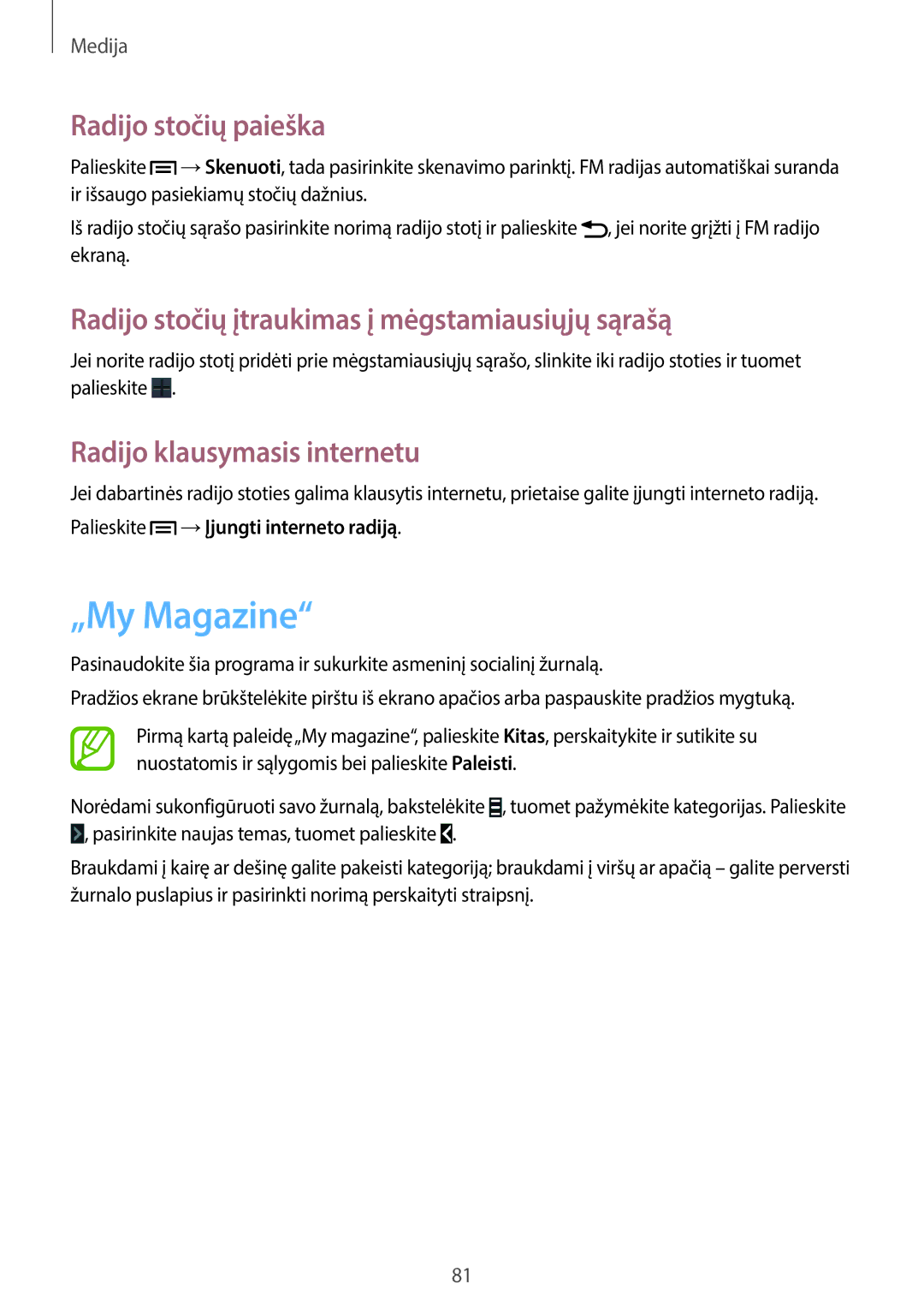 Samsung SM-G7105ZKASEB manual „My Magazine, Radijo stočių paieška, Radijo stočių įtraukimas į mėgstamiausiųjų sąrašą 