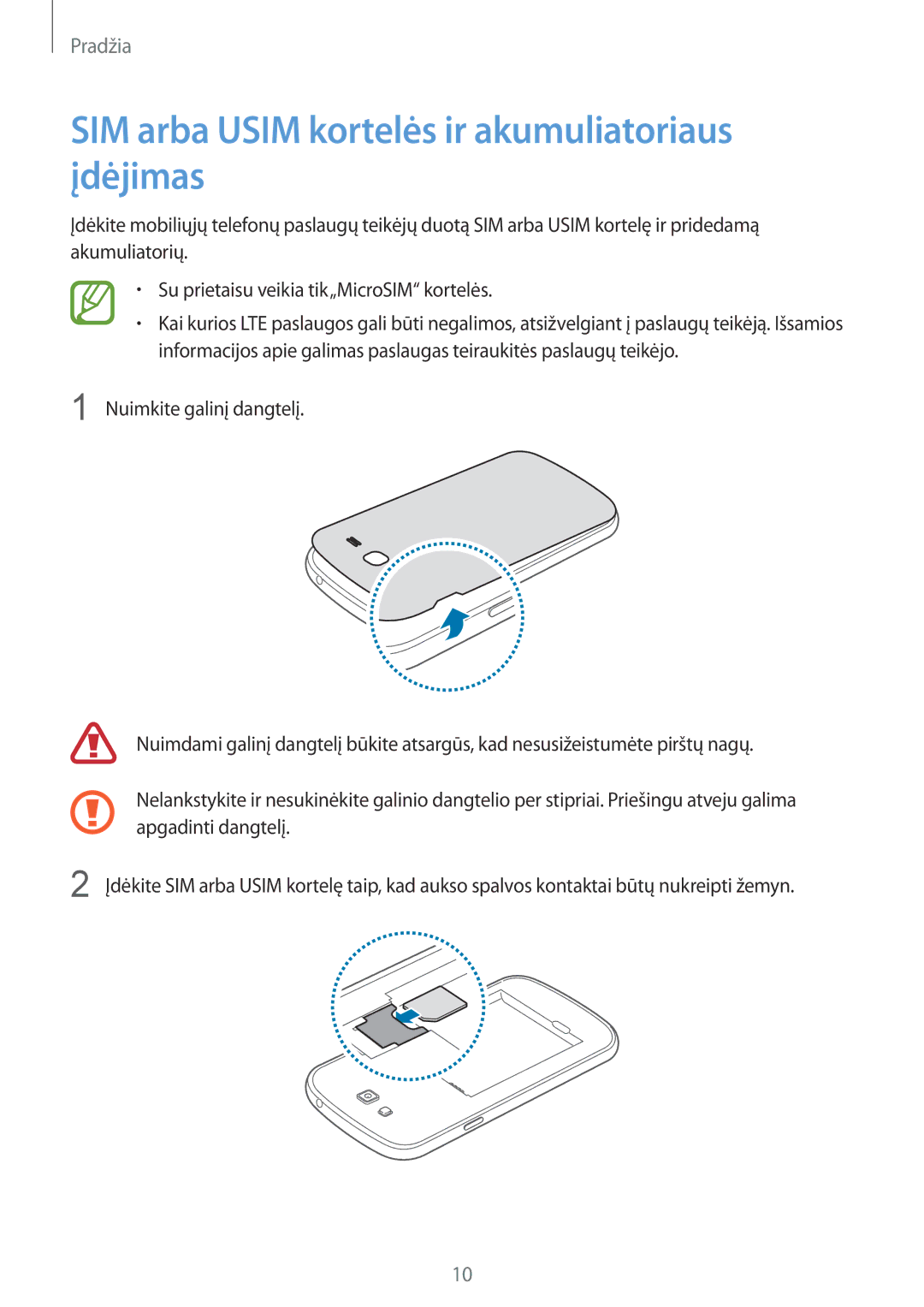 Samsung SM-G7105ZWASEB, SM-G7105ZKASEB manual SIM arba Usim kortelės ir akumuliatoriaus įdėjimas 