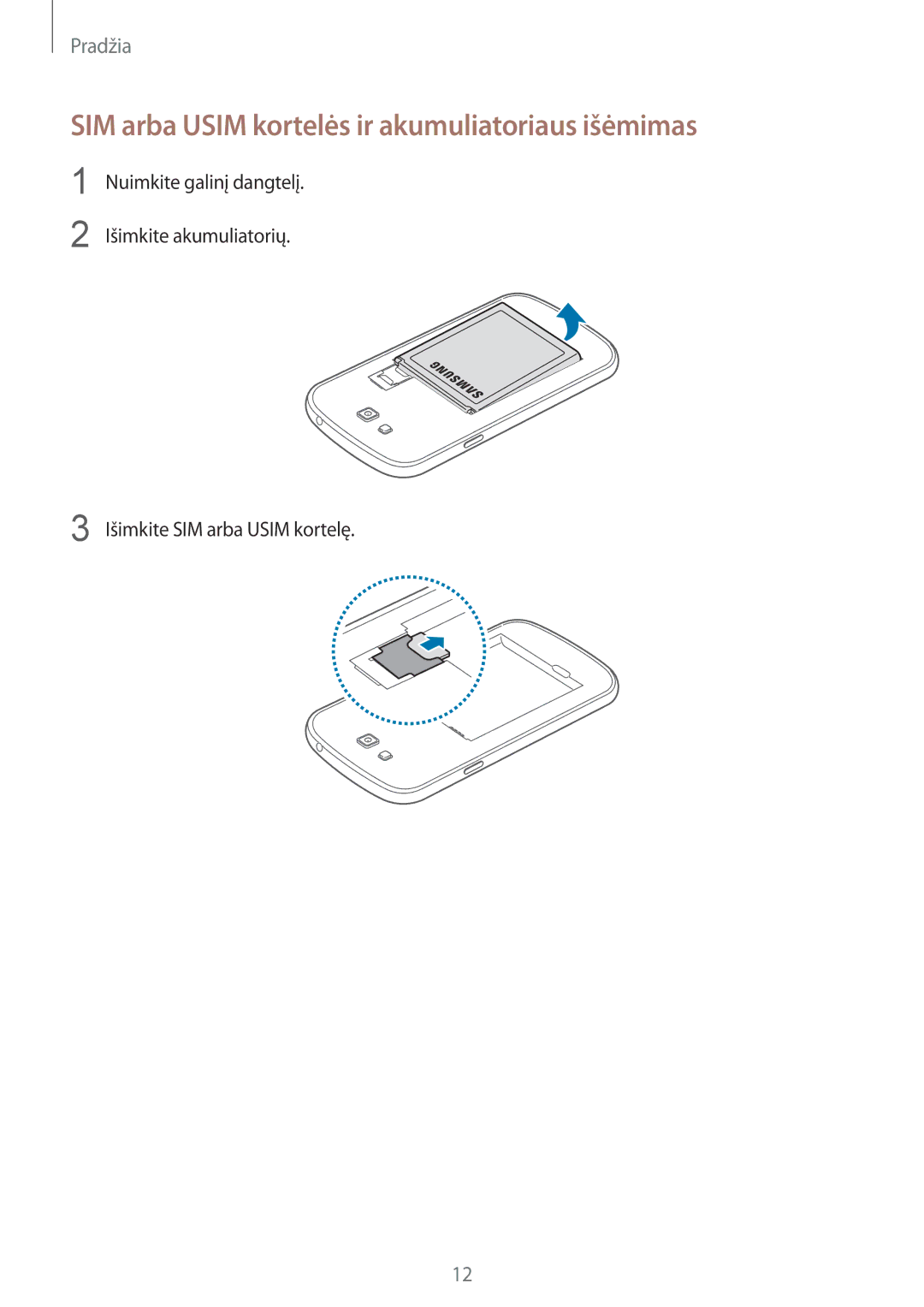 Samsung SM-G7105ZWASEB, SM-G7105ZKASEB manual SIM arba Usim kortelės ir akumuliatoriaus išėmimas 