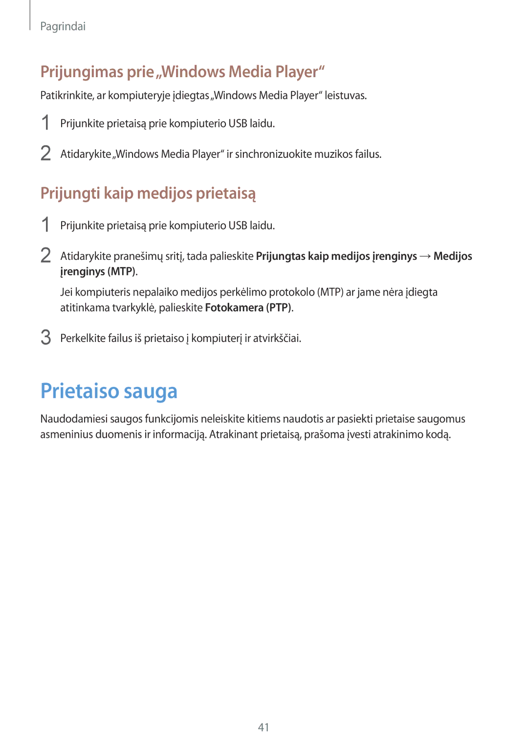 Samsung SM-G7105ZKASEB manual Prietaiso sauga, Prijungimas prie„Windows Media Player, Prijungti kaip medijos prietaisą 