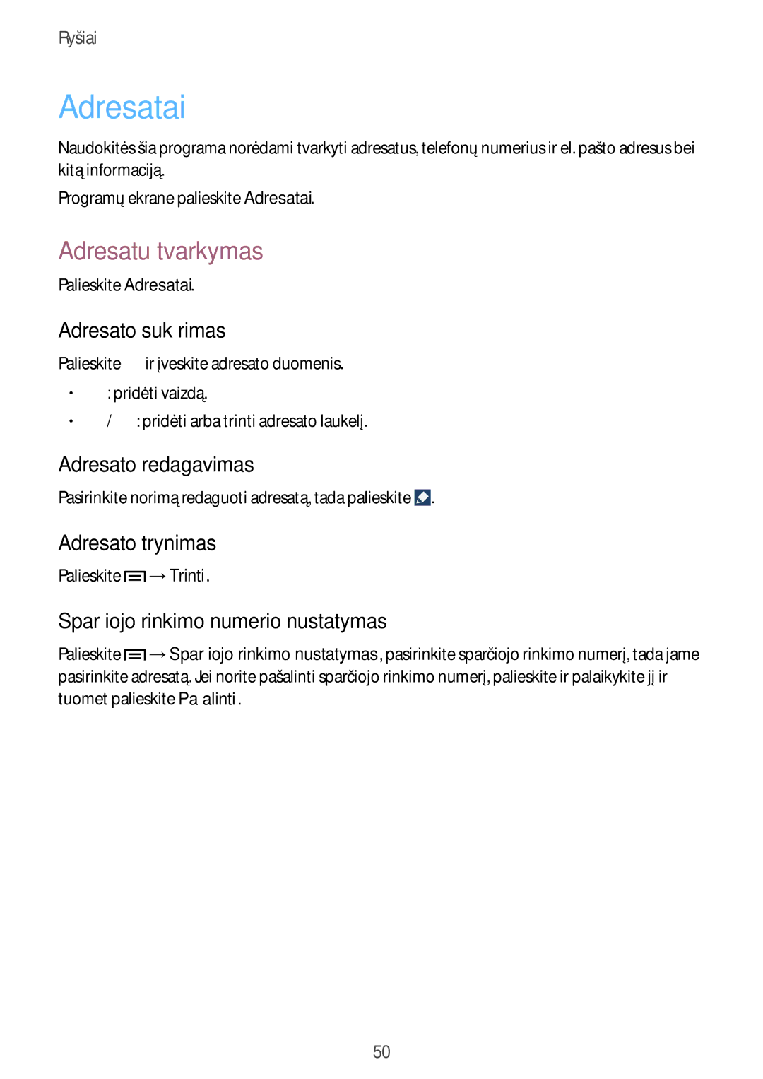 Samsung SM-G7105ZWASEB, SM-G7105ZKASEB manual Adresatai, Adresatu tvarkymas 